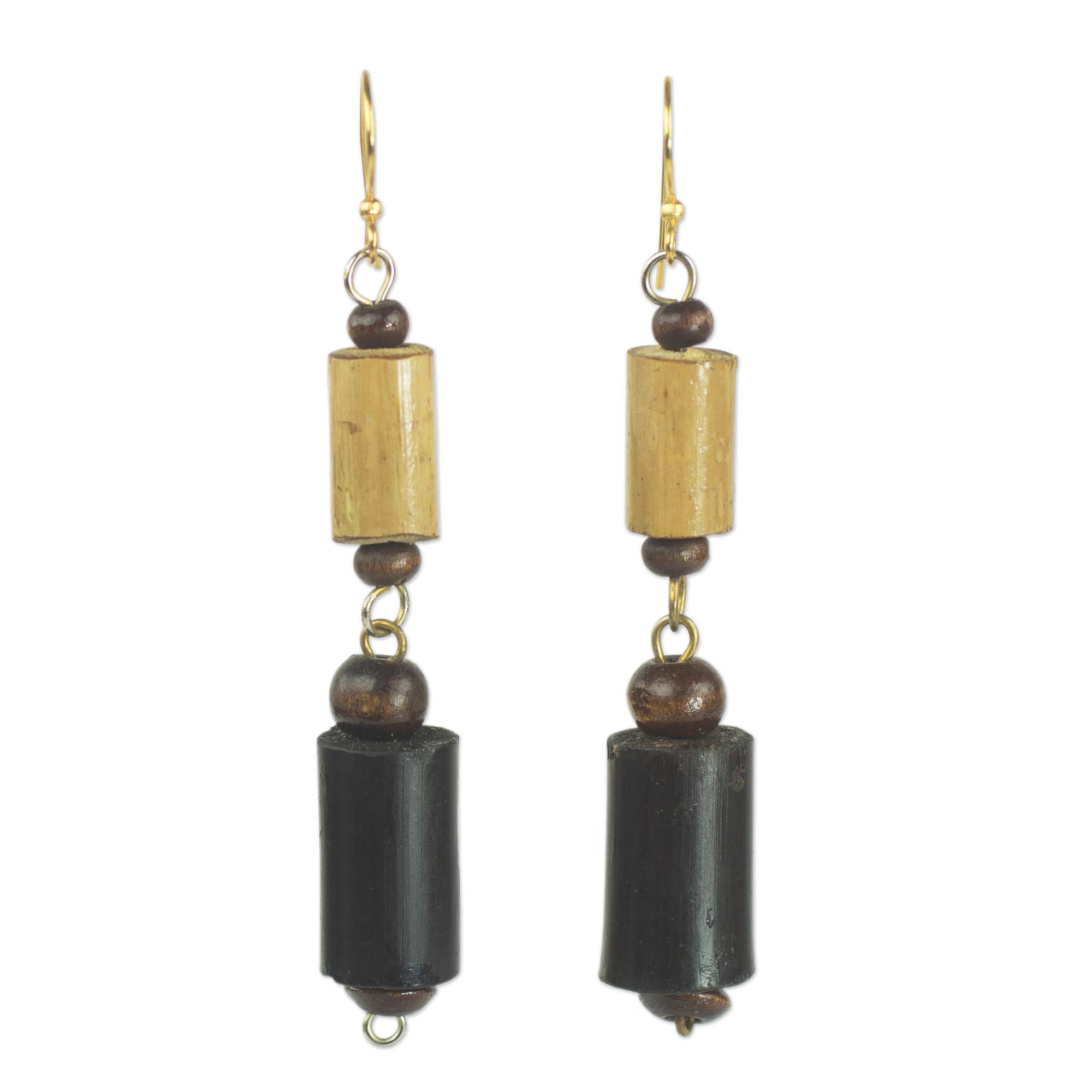 Premium African Bamboo & Sese Wood Dangle Earrings with Brass Hooks – Handcrafted in Ghana