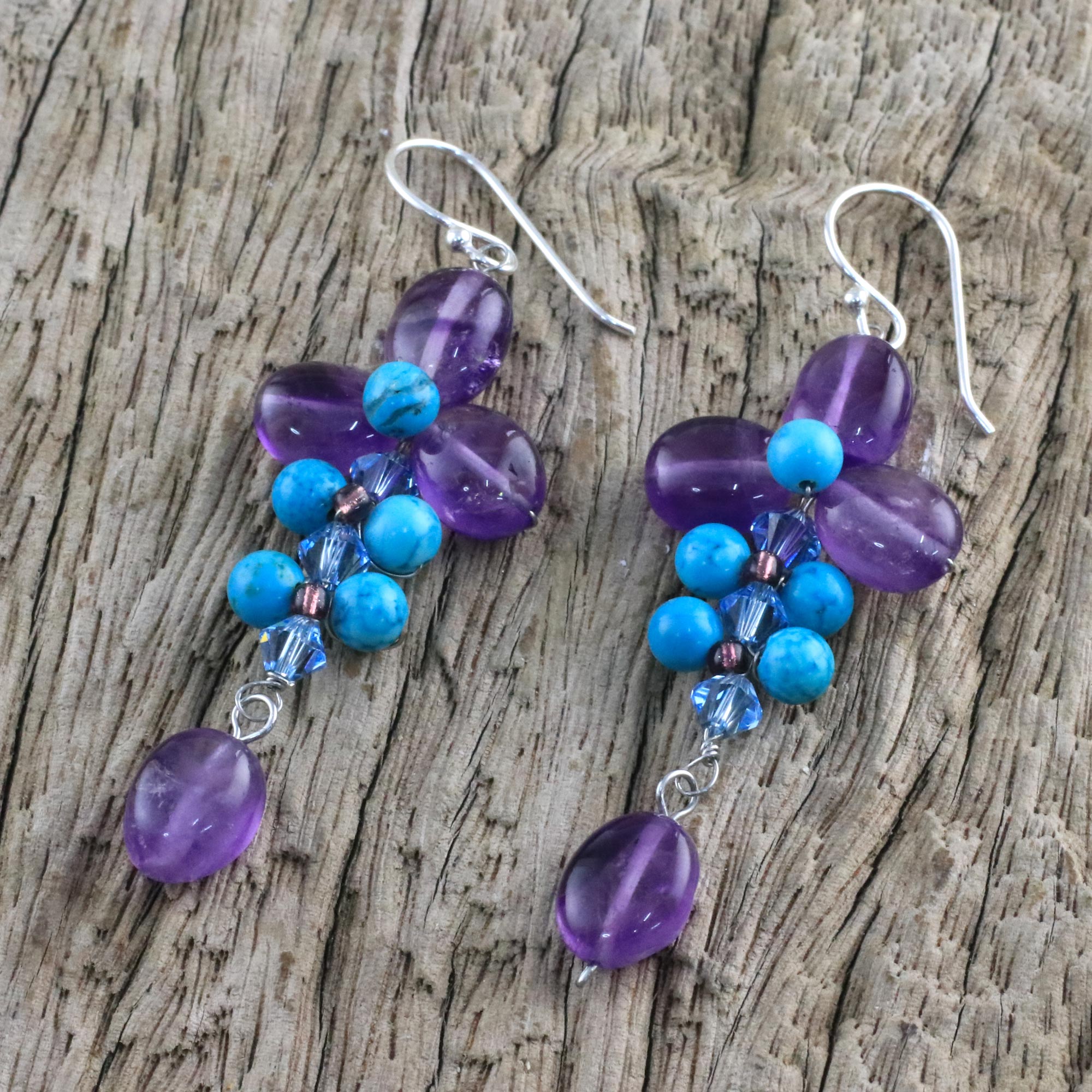 Premium Succulent Vines Amethyst & Calcite Dangle Earrings – Handcrafted in Thailand