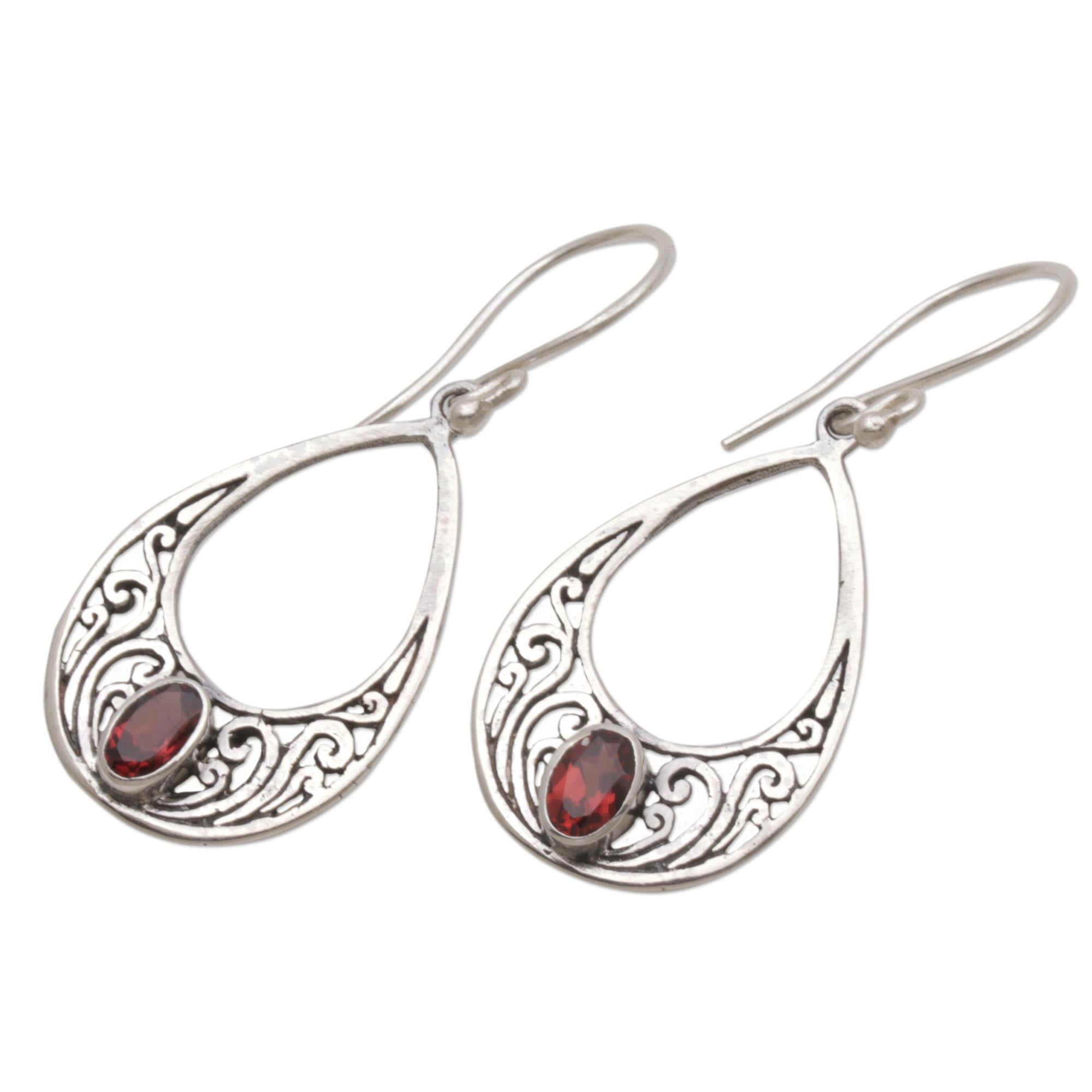 Premium Elegant Tears Garnet & Silver Dangle Earrings - Handcrafted in Bali