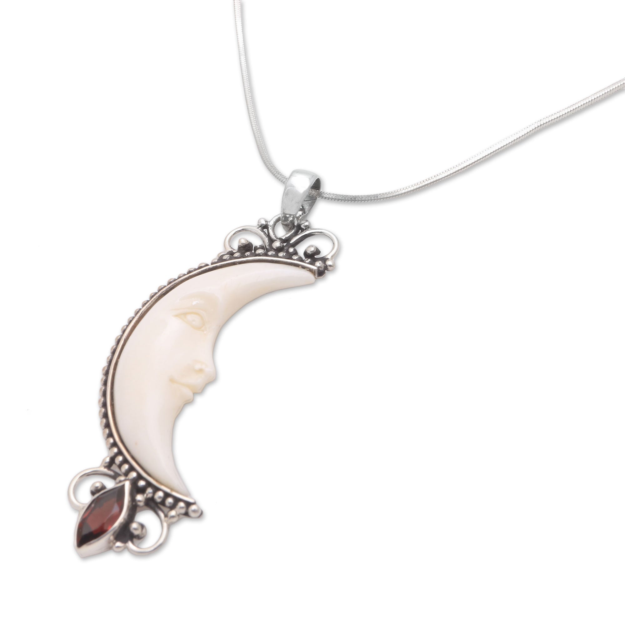 Premium Moonlight Glimmer Garnet Necklace - Handcrafted Silver & Bone Pendant