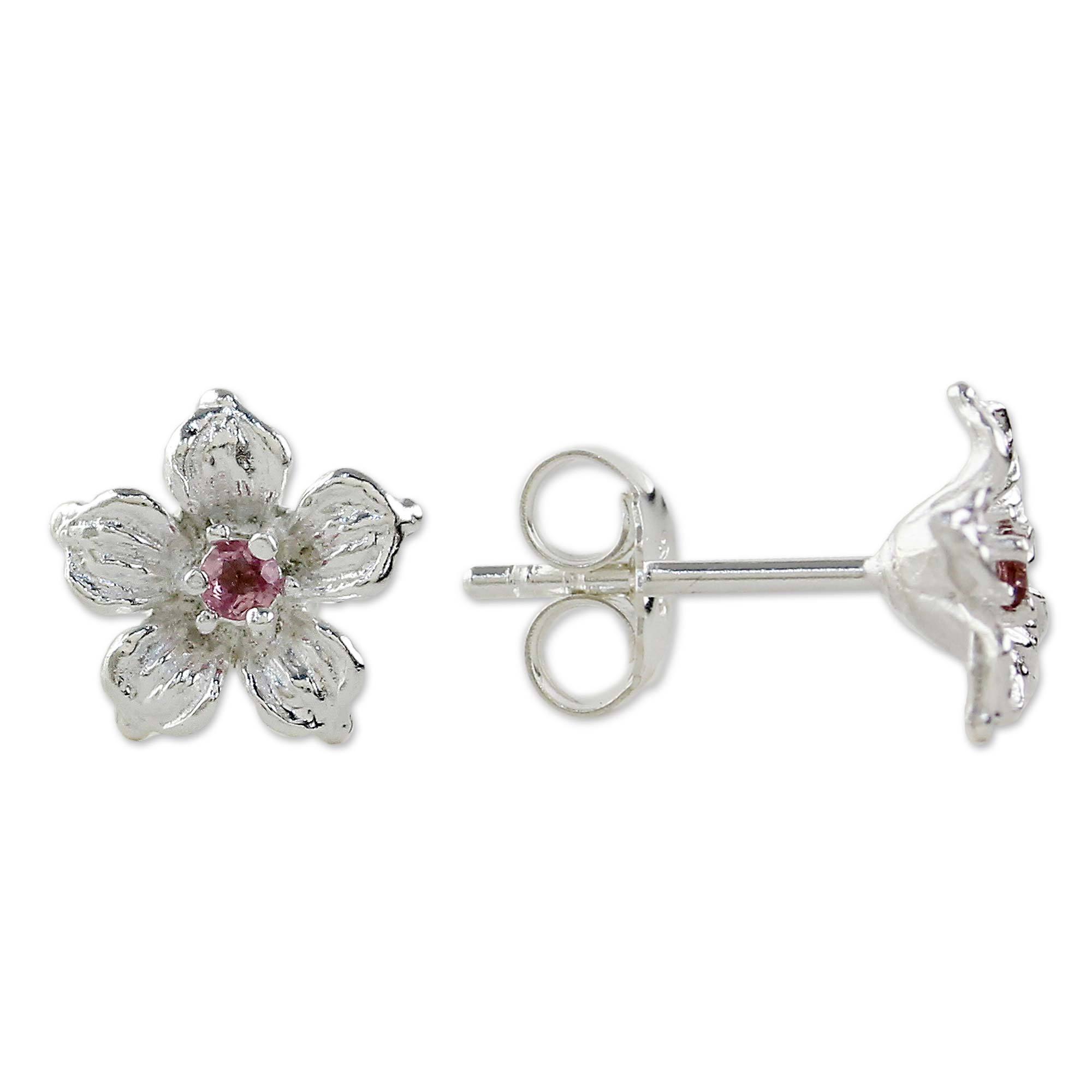 Premium Winter Blooms Sterling Silver Stud Earrings with Rosy Tourmaline