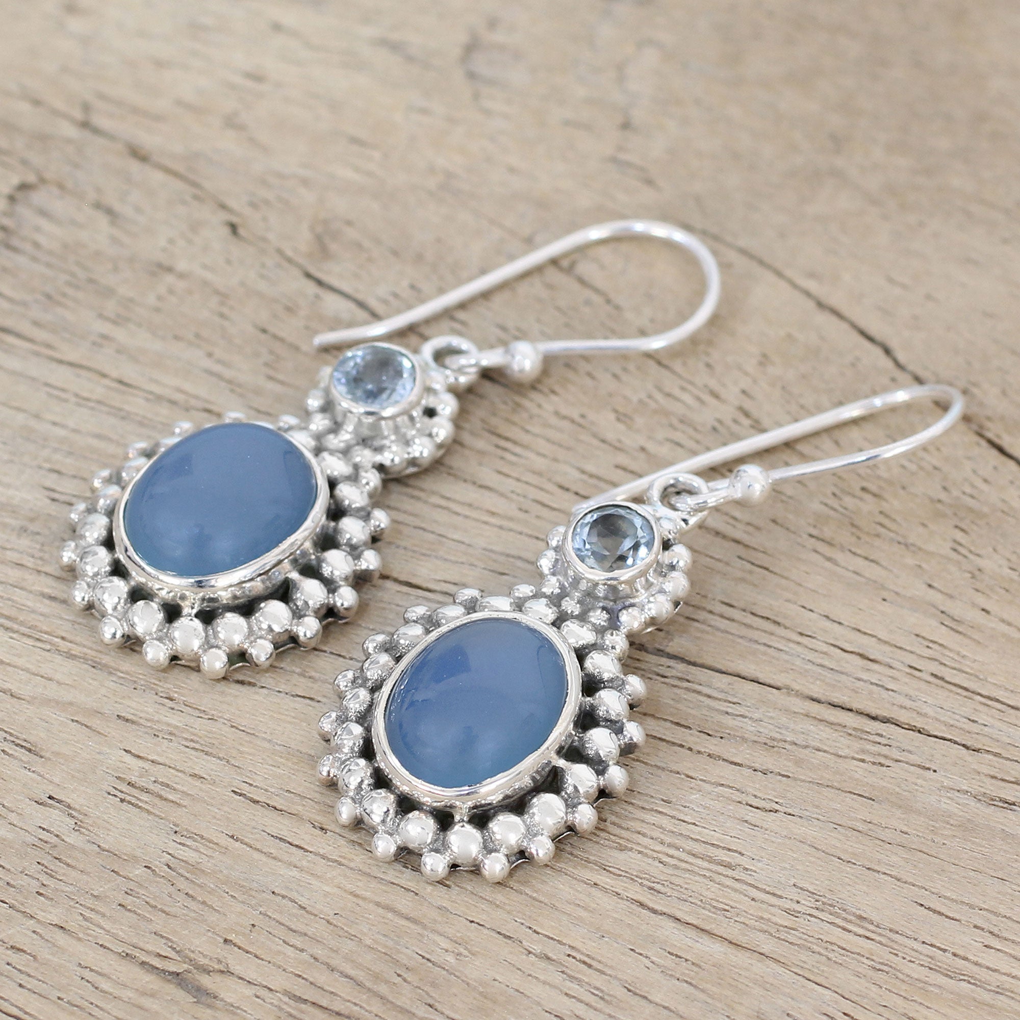 Premium Ocean Dots Chalcedony & Topaz Silver Dangle Earrings