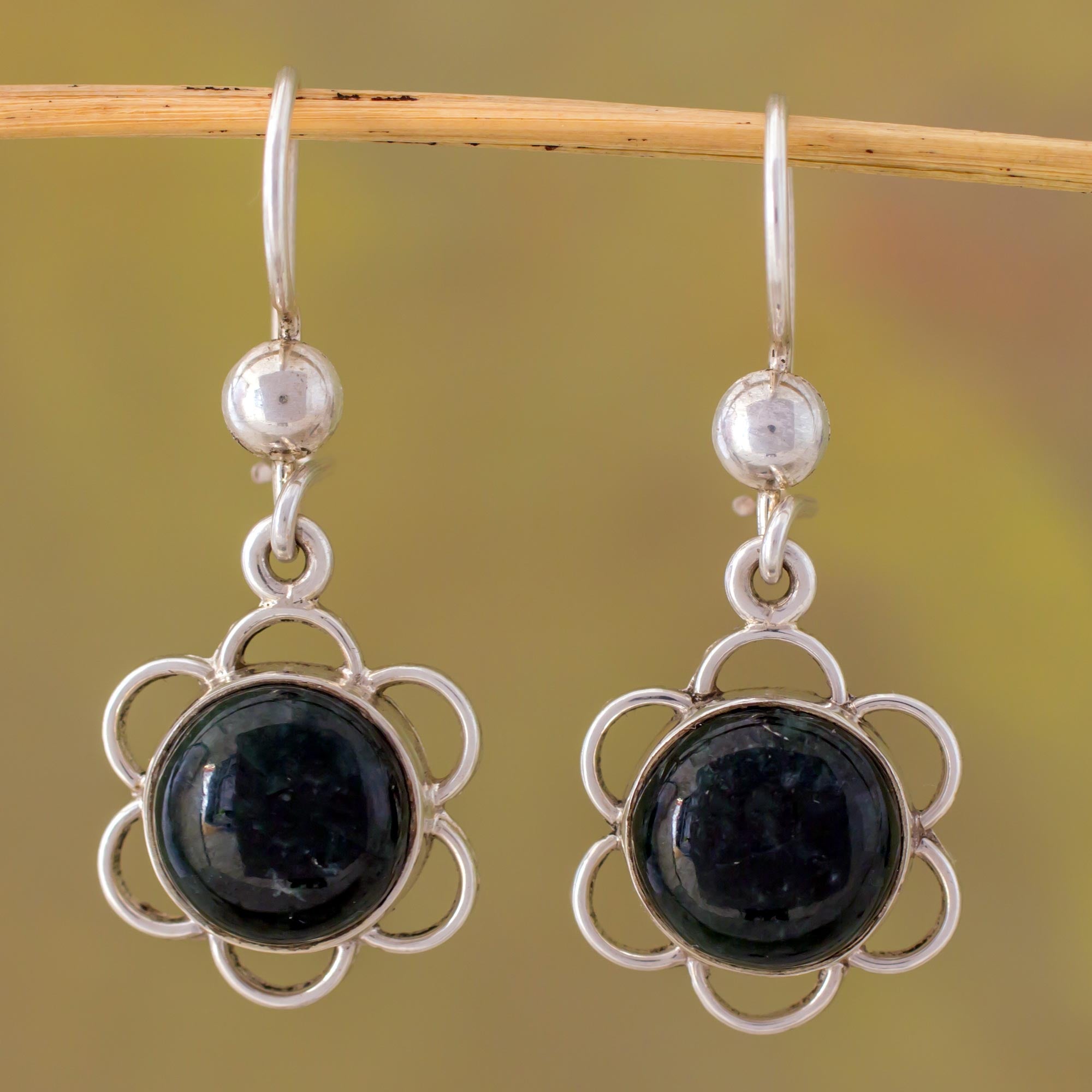 Premium Dark Green Jade Floral Dangle Earrings - Handcrafted in Guatemala