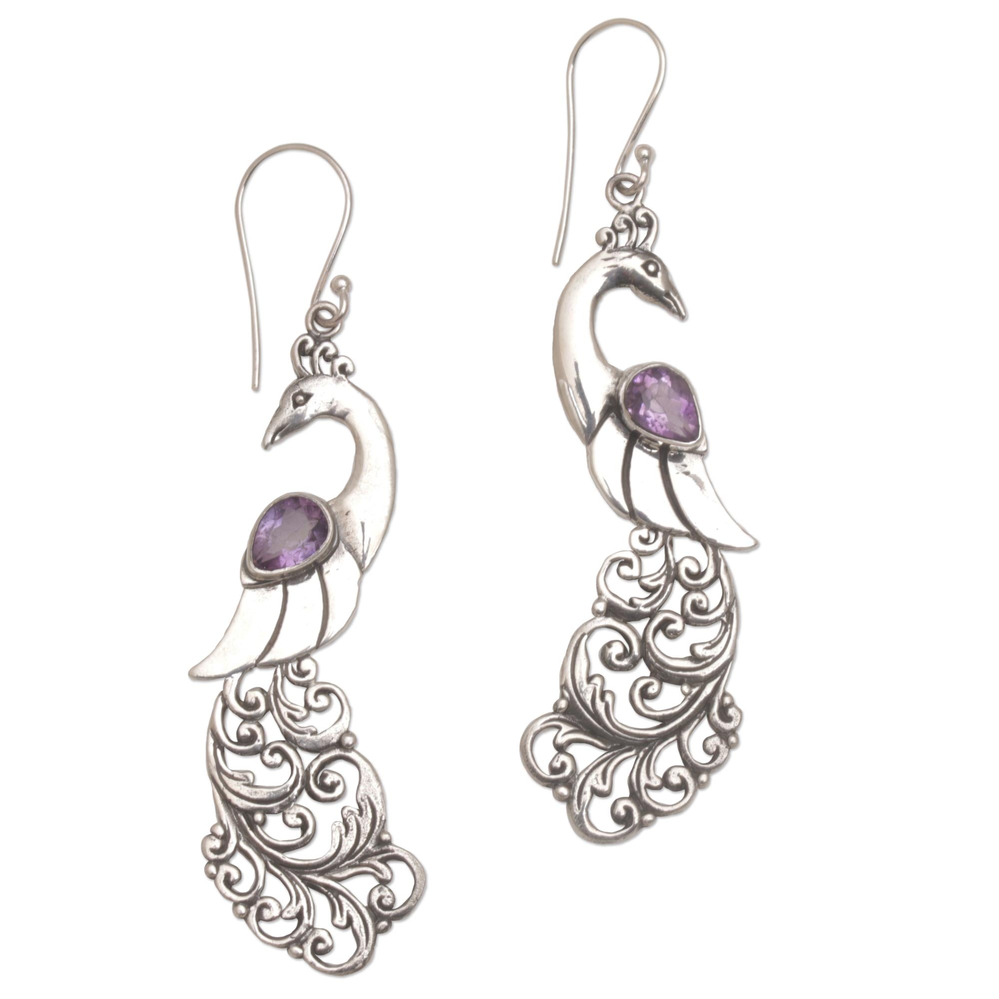 Premium Amethyst Peafowl Dangle Earrings in Sterling Silver