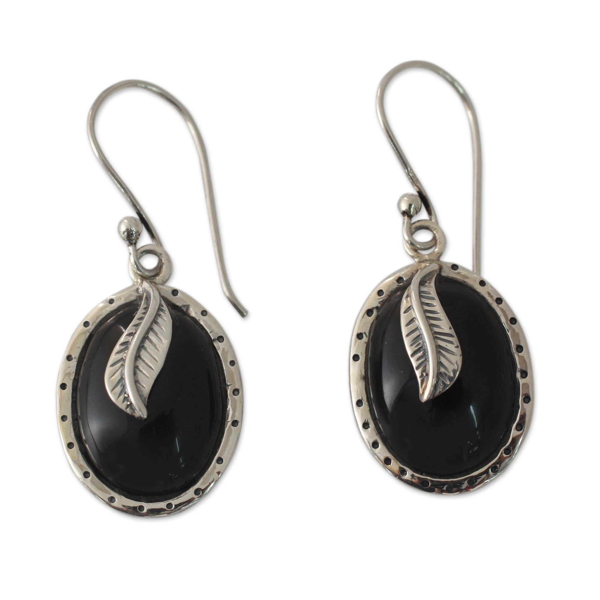 Premium Fair Trade Onyx & Sterling Silver Dangle Earrings by Tender Leaves India