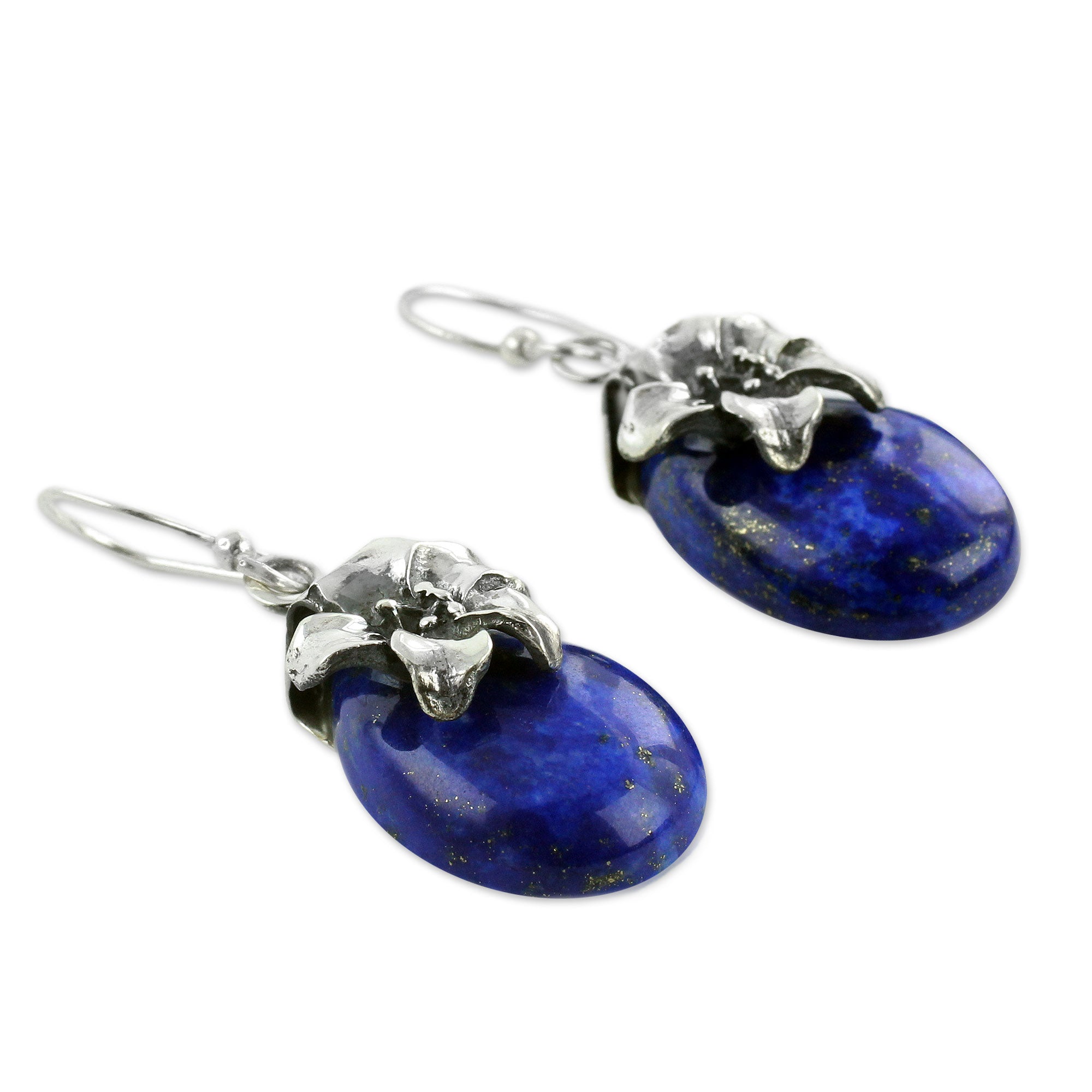 Premium Lily Lapis Lazuli & Silver Floral Earrings - Handmade Elegance