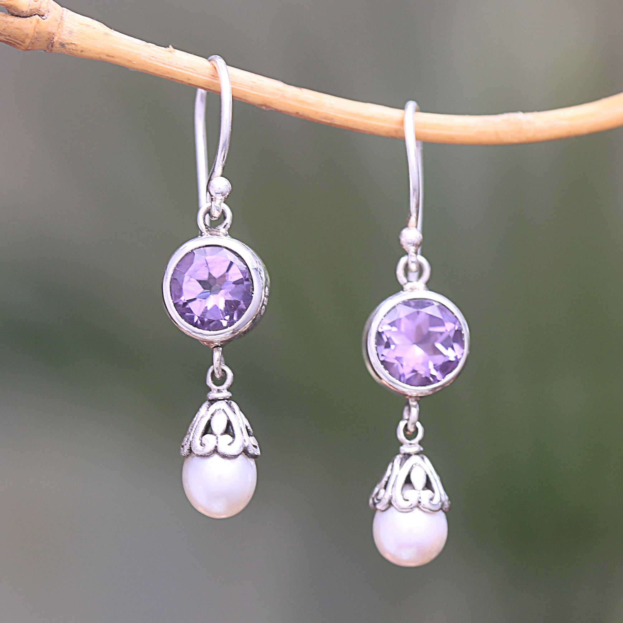 Premium Amethyst & Cultured Pearl Dangle Earrings – Handcrafted in Bali