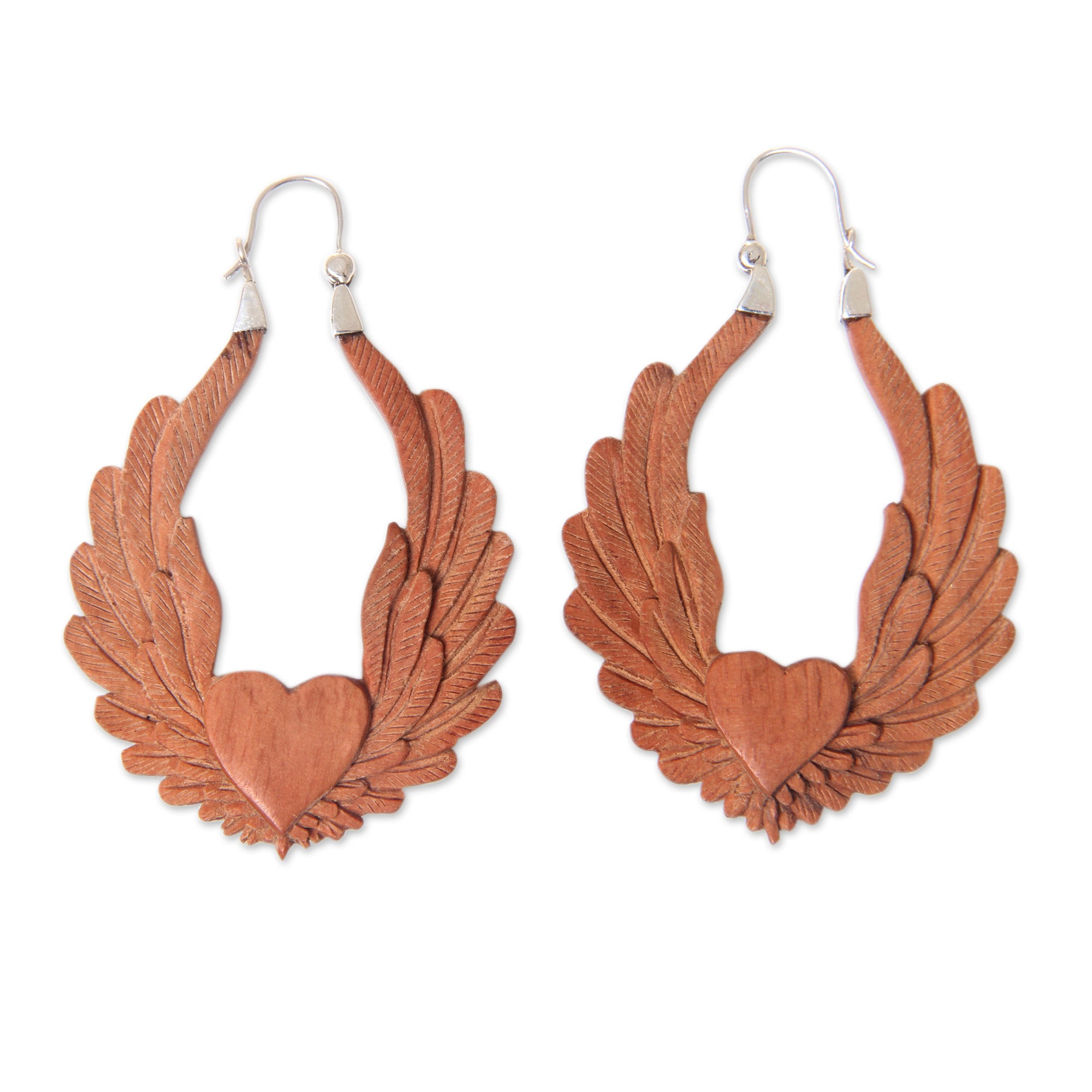 Premium Angel Heart Wood & Silver Heart Shaped Earrings – Handmade Elegance