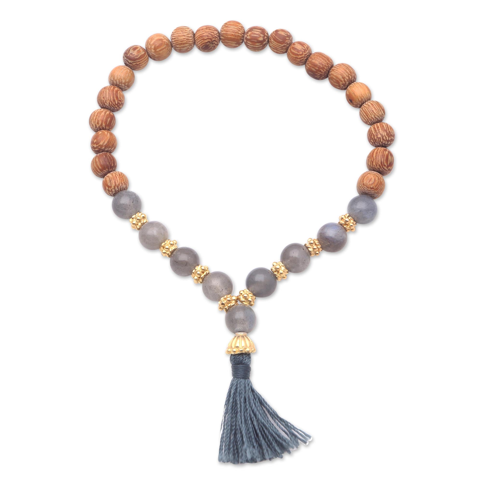 Premium Harmony Gold & Labradorite Wood Beaded Stretch Bracelet with Grey Tassel