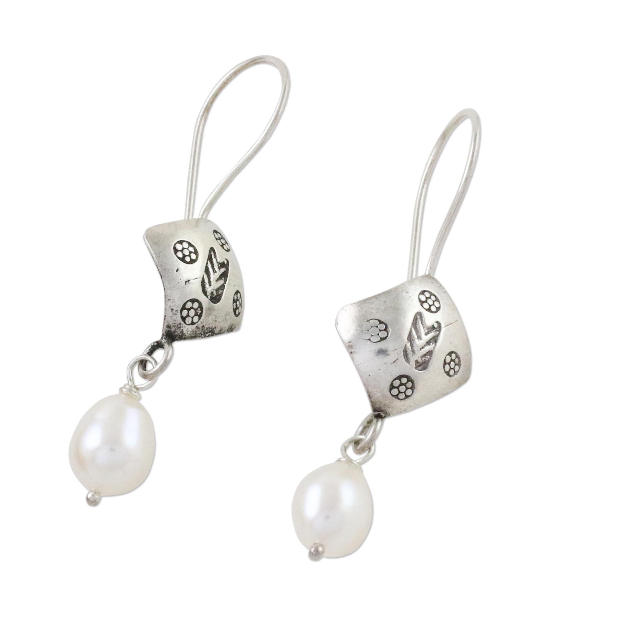 Premium Karen Hill Tribe Silver & Pearl Dangle Earrings