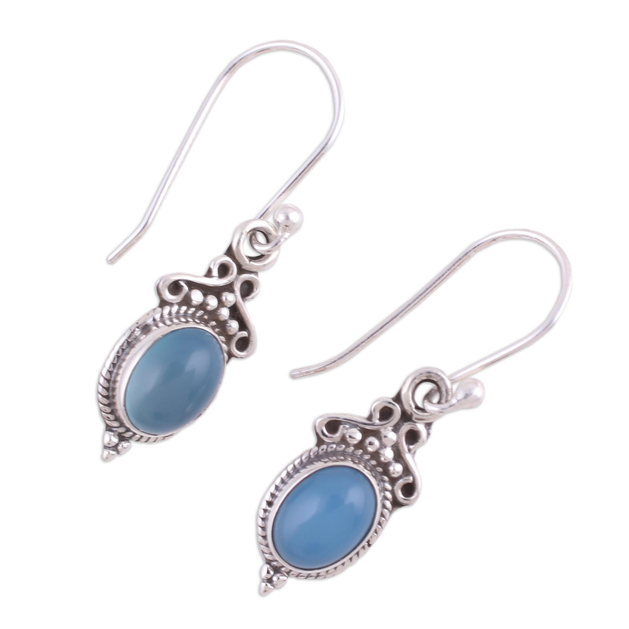 Premium Blue Chalcedony & 925 Silver Dangle Earrings - Handcrafted Elegance from India