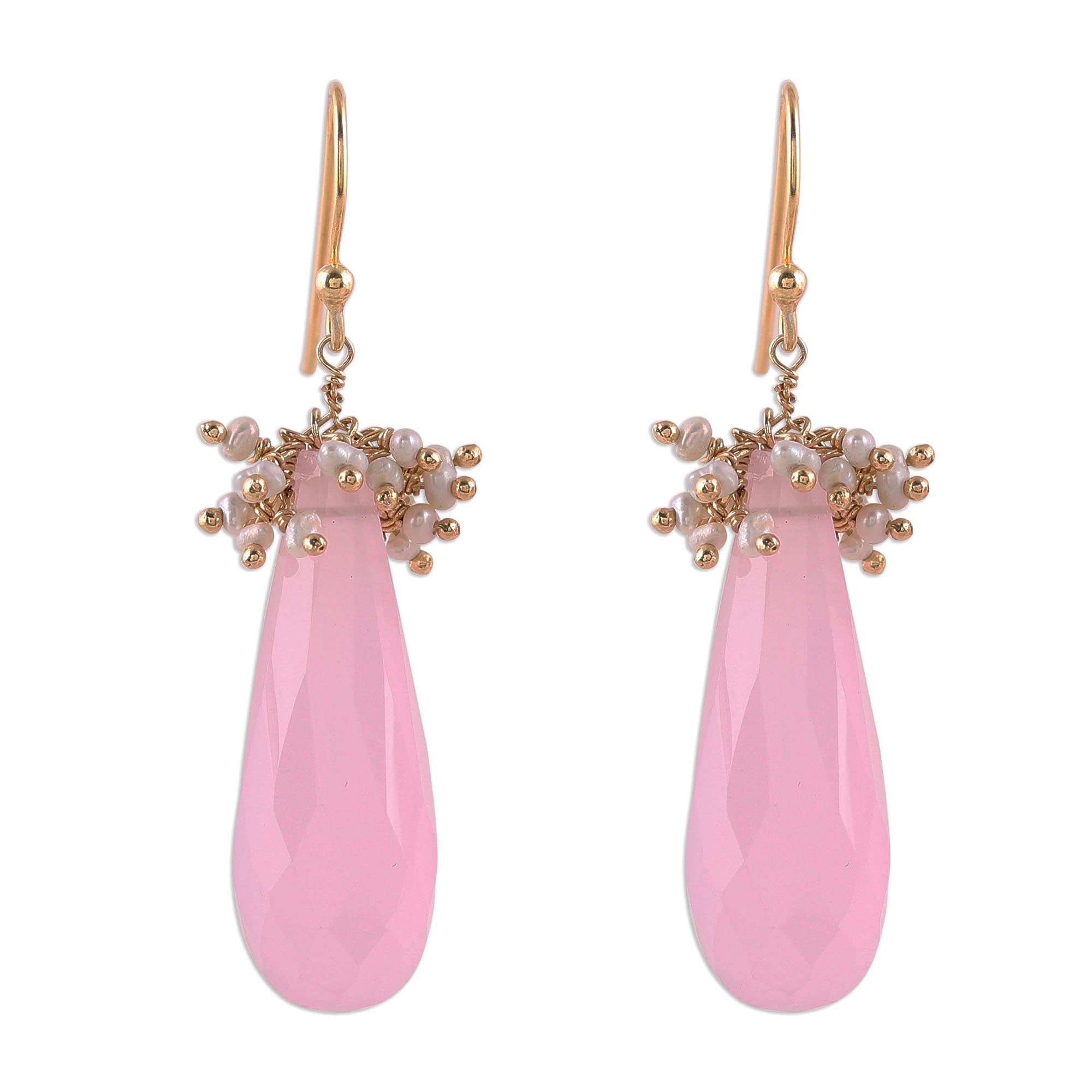 Premium Devoted Rose 22k Gold Plated Rose Quartz & Cultured Pearl Dangle Earrings