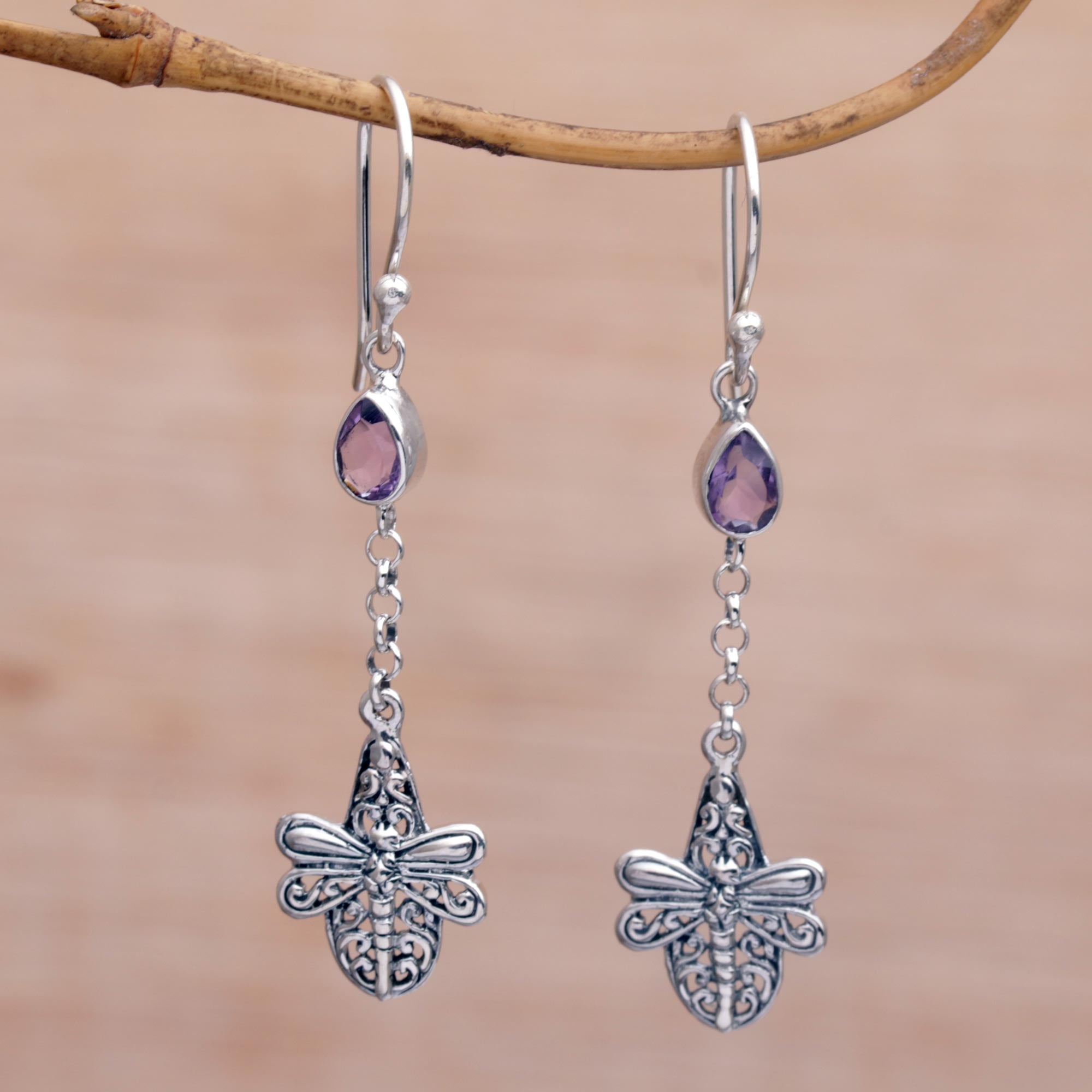 Premium Dragonfly Altar Earrings - Handmade 925 Sterling Silver with Amethyst