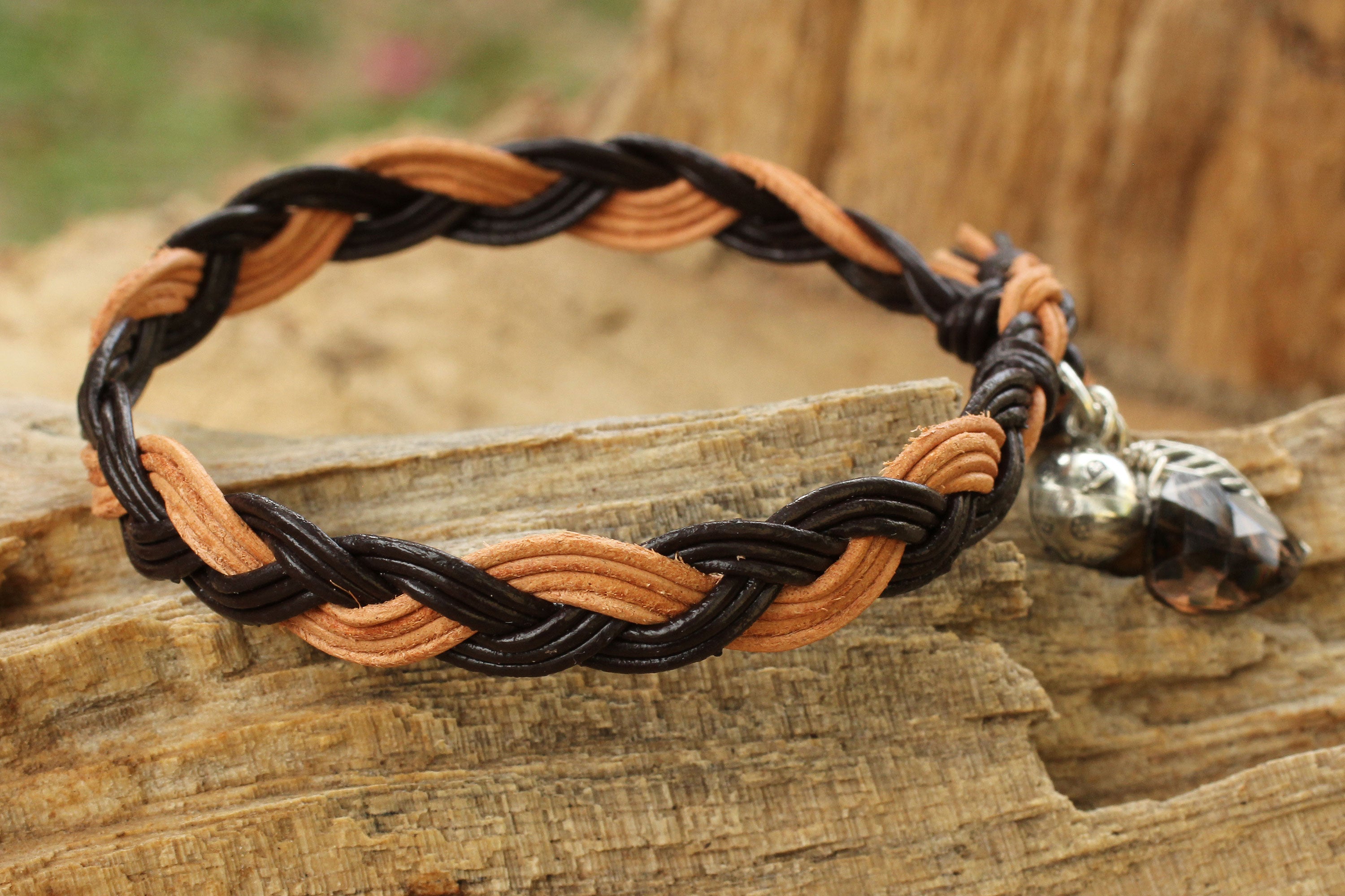 Premium Braided Leather Smoky Quartz Bracelet with Hill Tribe Silver - Handcrafted Elegance