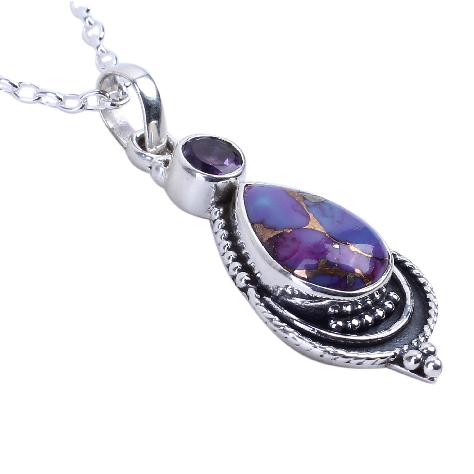 Premium Mughal Lilac Silver Necklace with Amethyst and Composite Turquoise - Ultimate Royal Elegance