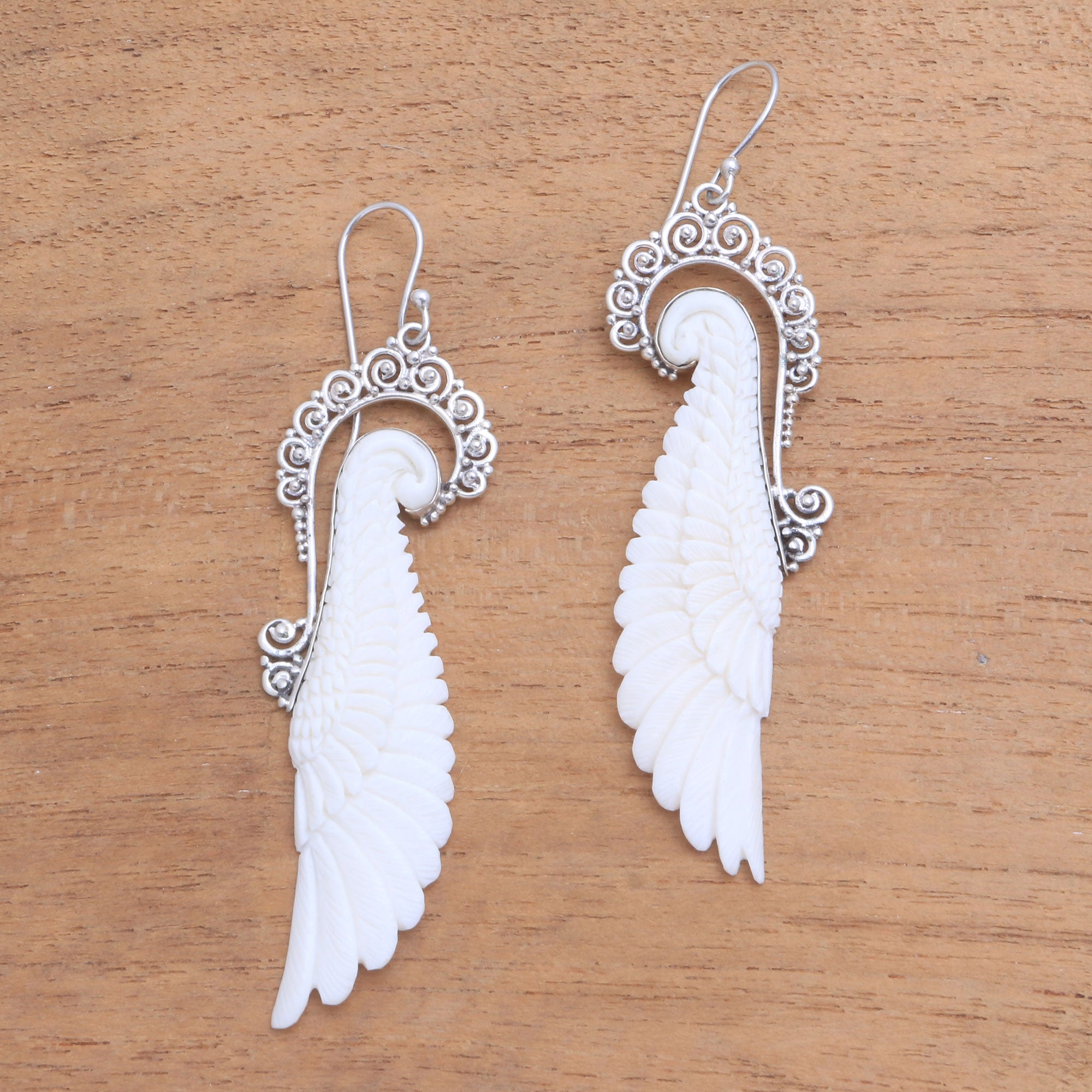 Premium Handcrafted Sterling Silver & Bone Wing Dangle Earrings - Bali Artisan Collection