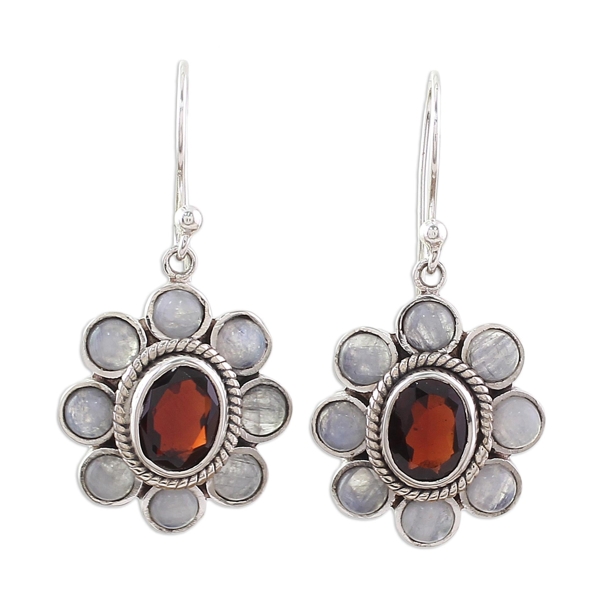 Premium Sterling Silver Dangle Earrings with Rainbow Moonstone & Garnet