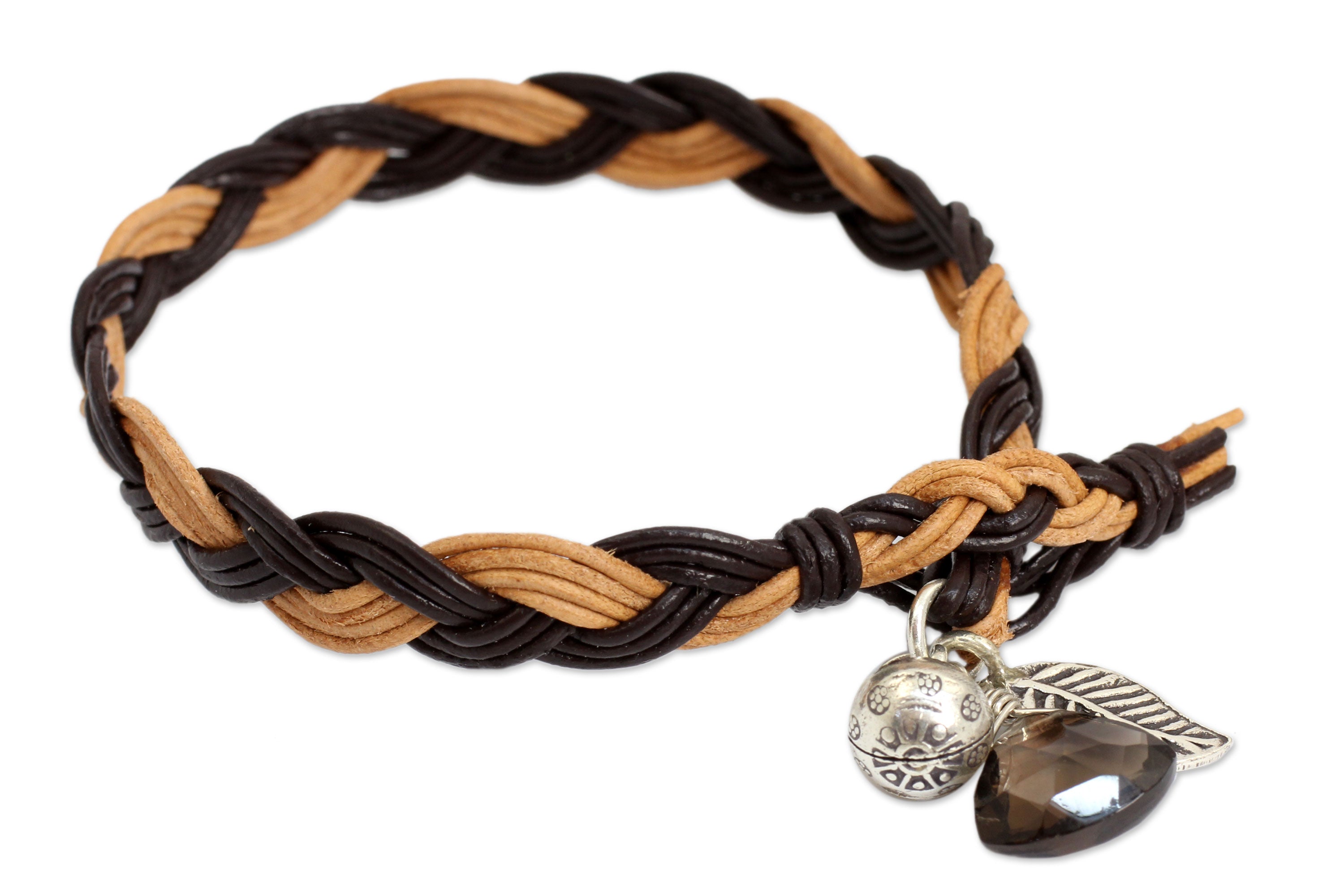 Premium Braided Leather Smoky Quartz Bracelet with Hill Tribe Silver - Handcrafted Elegance