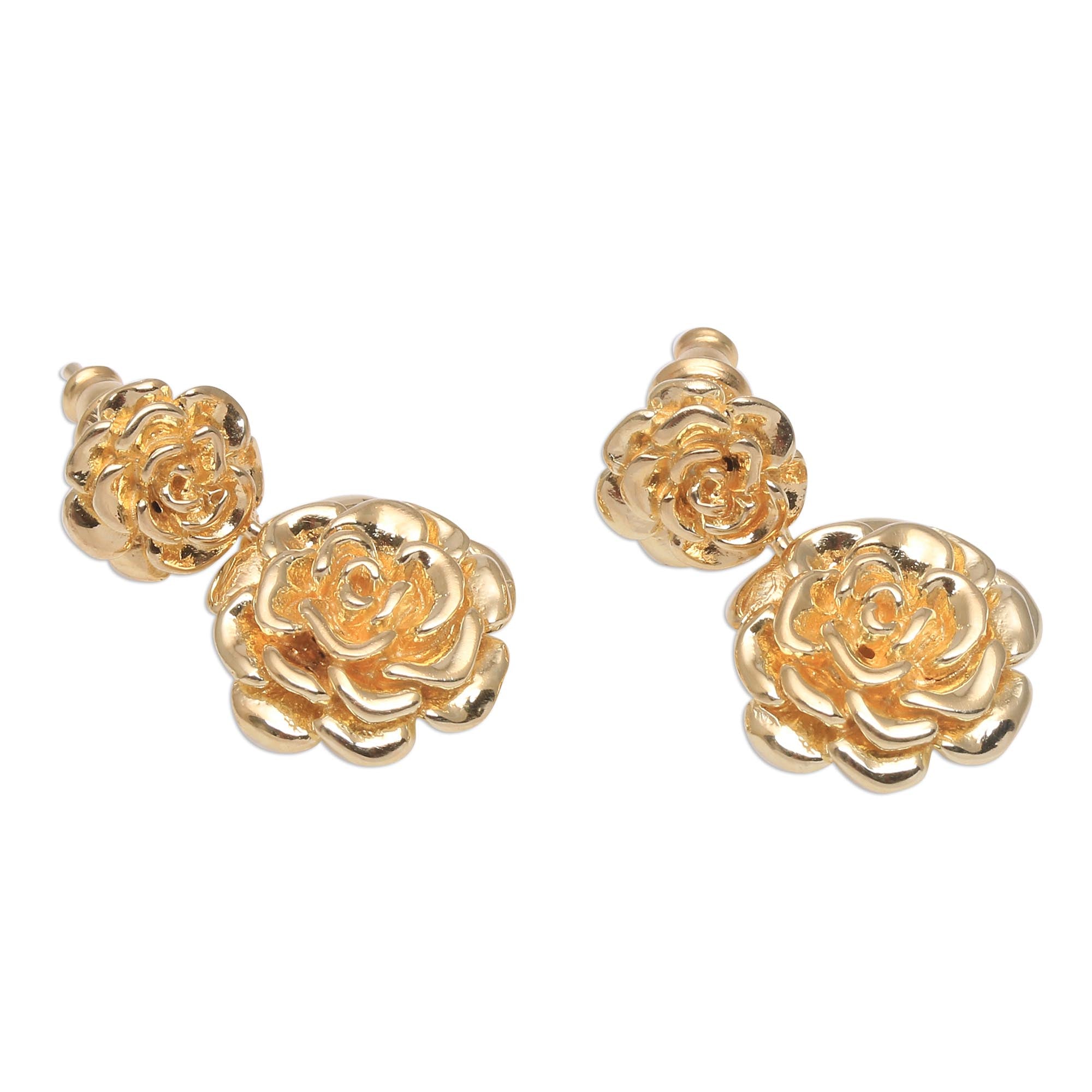 Premium Blooming Rose 18k Gold Plated Sterling Silver Dangle Earrings