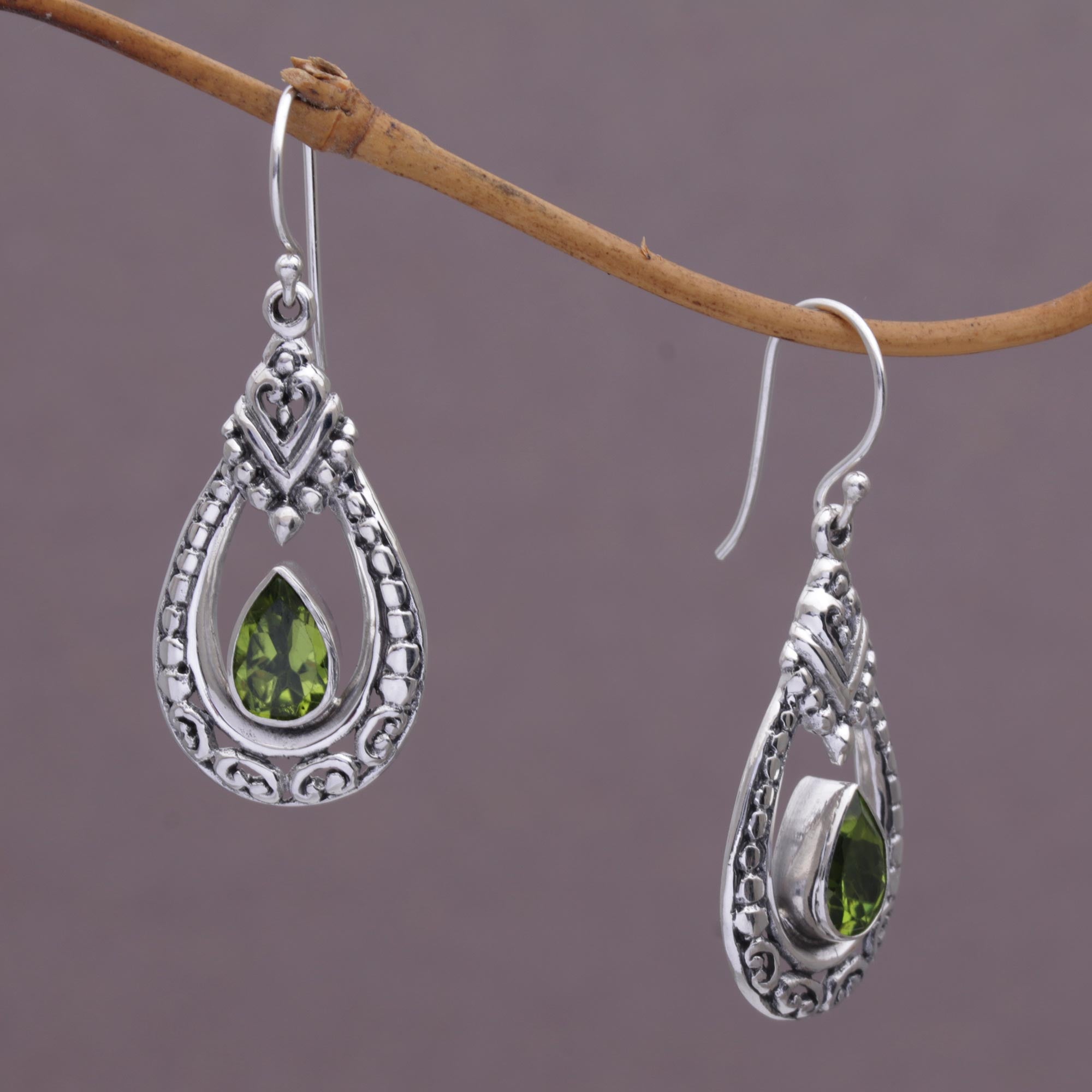 Premium Green Peridot & Silver Dangle Earrings – Handcrafted Elegance