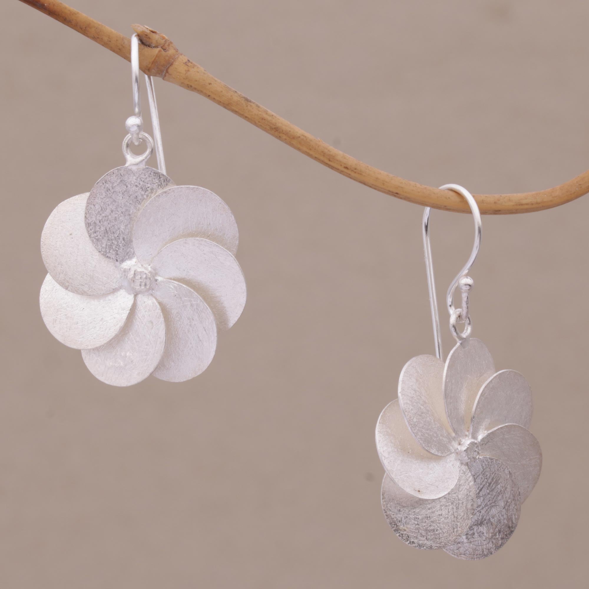 Premium Windmill Floral Sterling Silver Dangle Earrings from Bali - Handcrafted Elegance