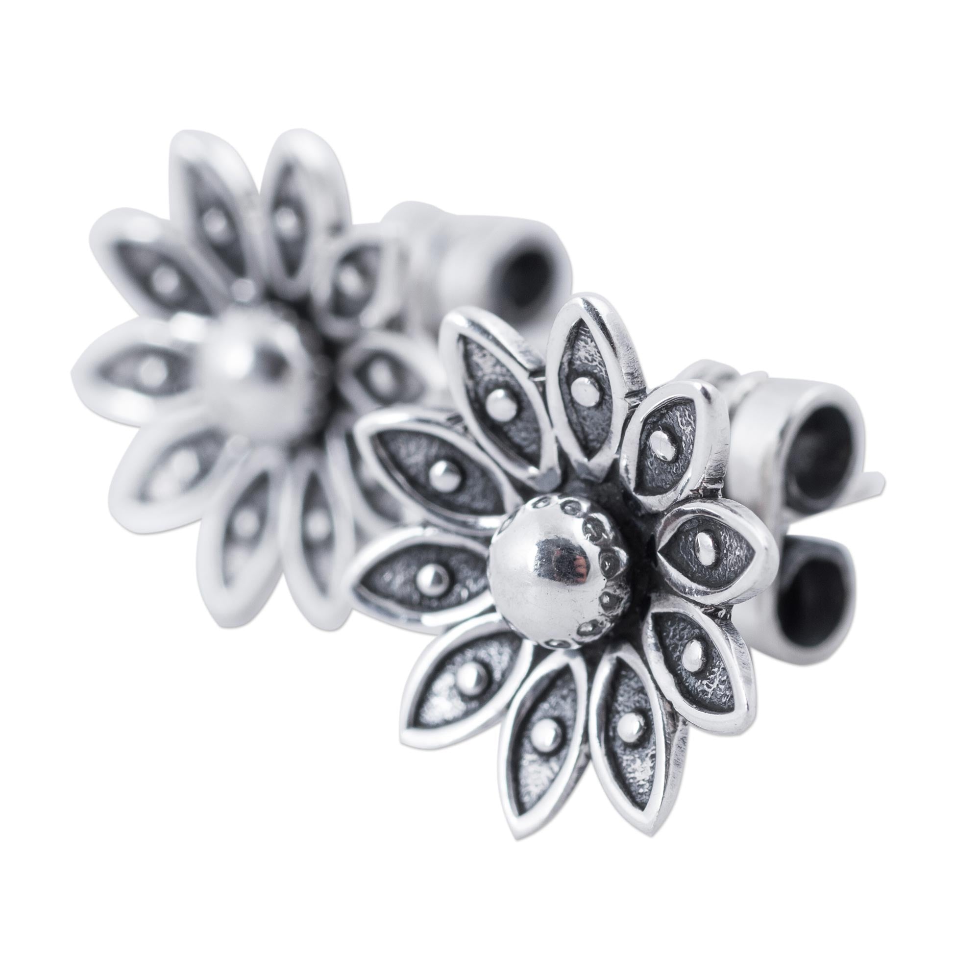 Premium Lotus Sterling Silver Floral Stud Earrings - Handcrafted in Peru