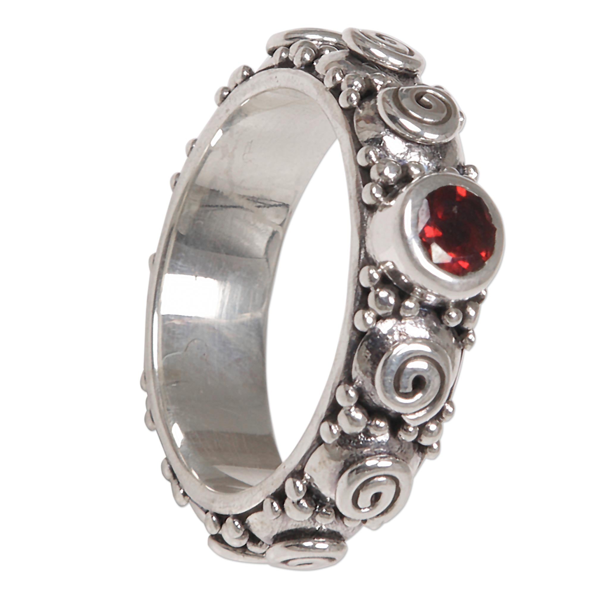 Premium Red Garnet & Sterling Silver Swirl Ring - Handcrafted in Bali