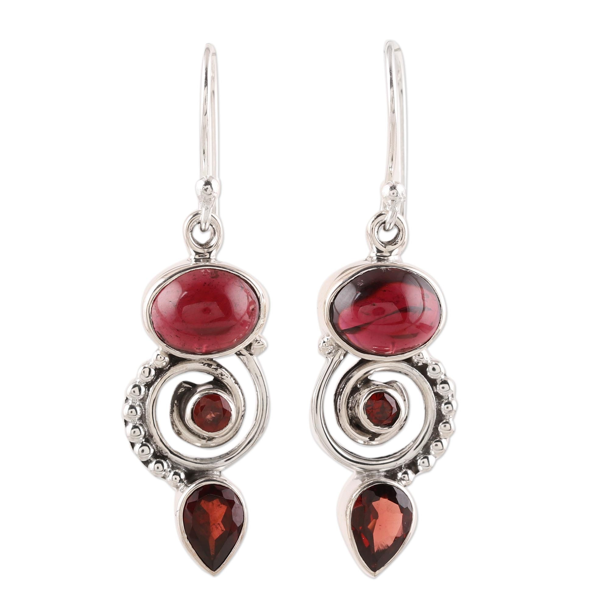 Premium Garnet Spiral Dangle Earrings in Sterling Silver