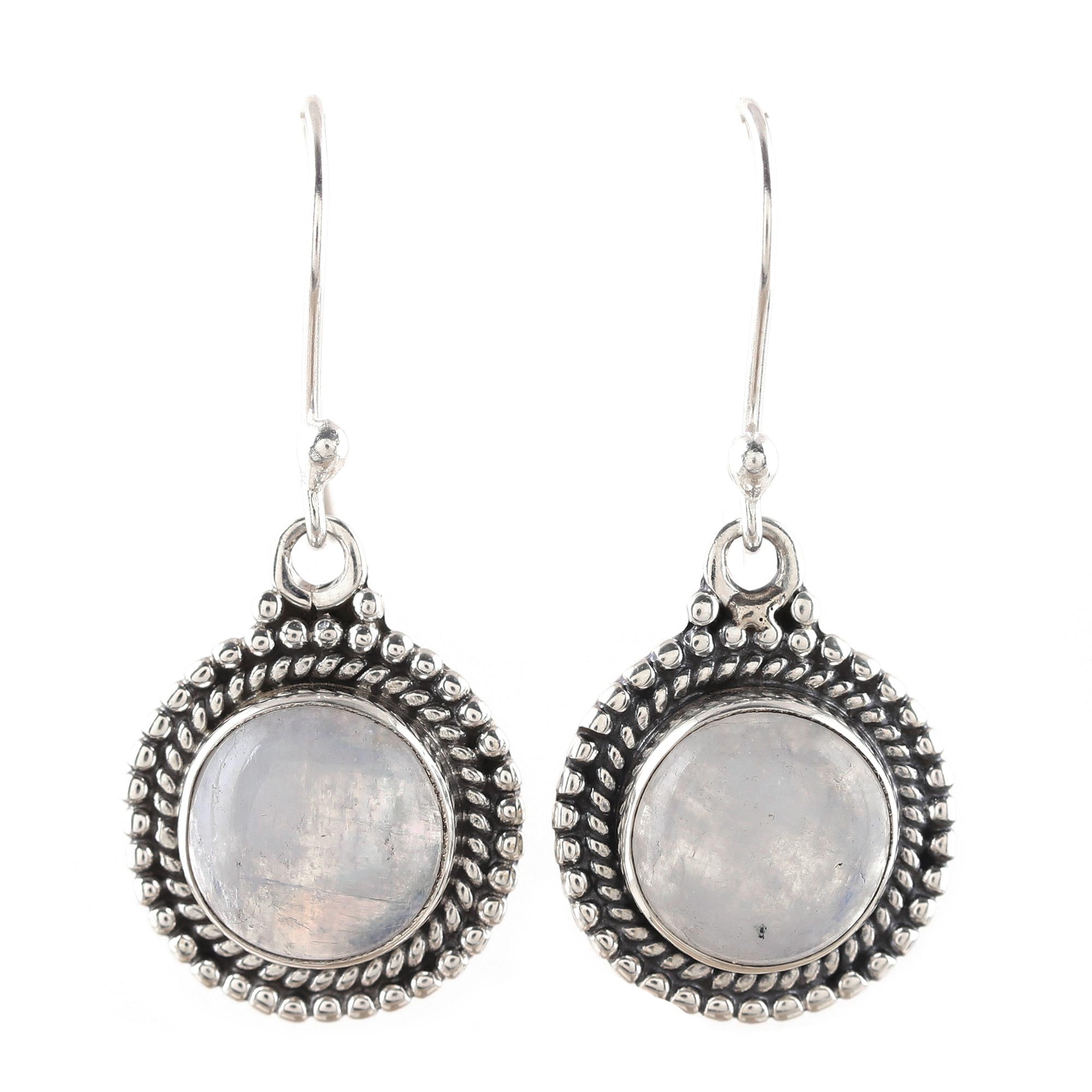 Premium Moonlight Dots Rainbow Moonstone Dangle Earrings - Handcrafted in India