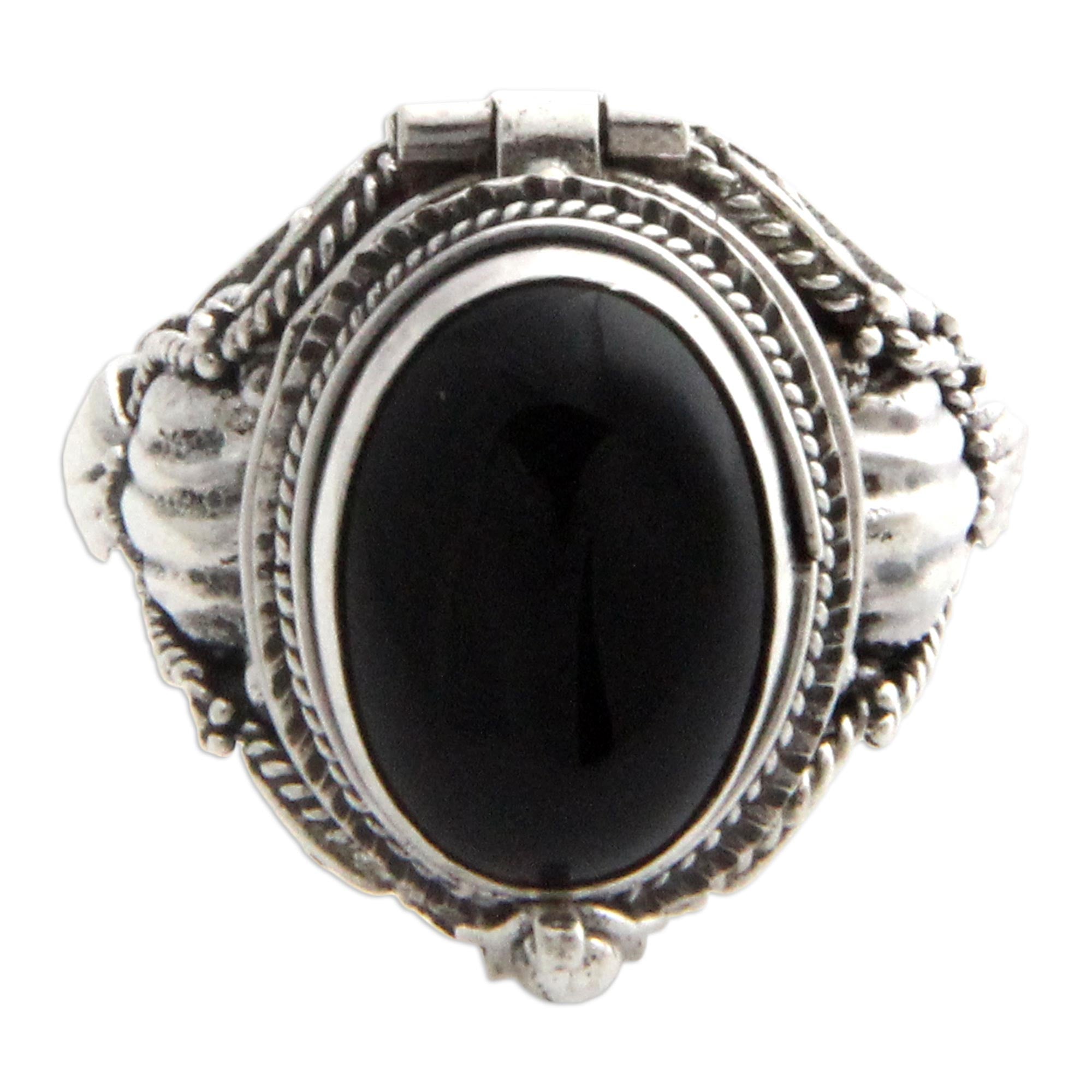 Premium Gothic Sterling Silver Secret Compartment Ring with Onyx