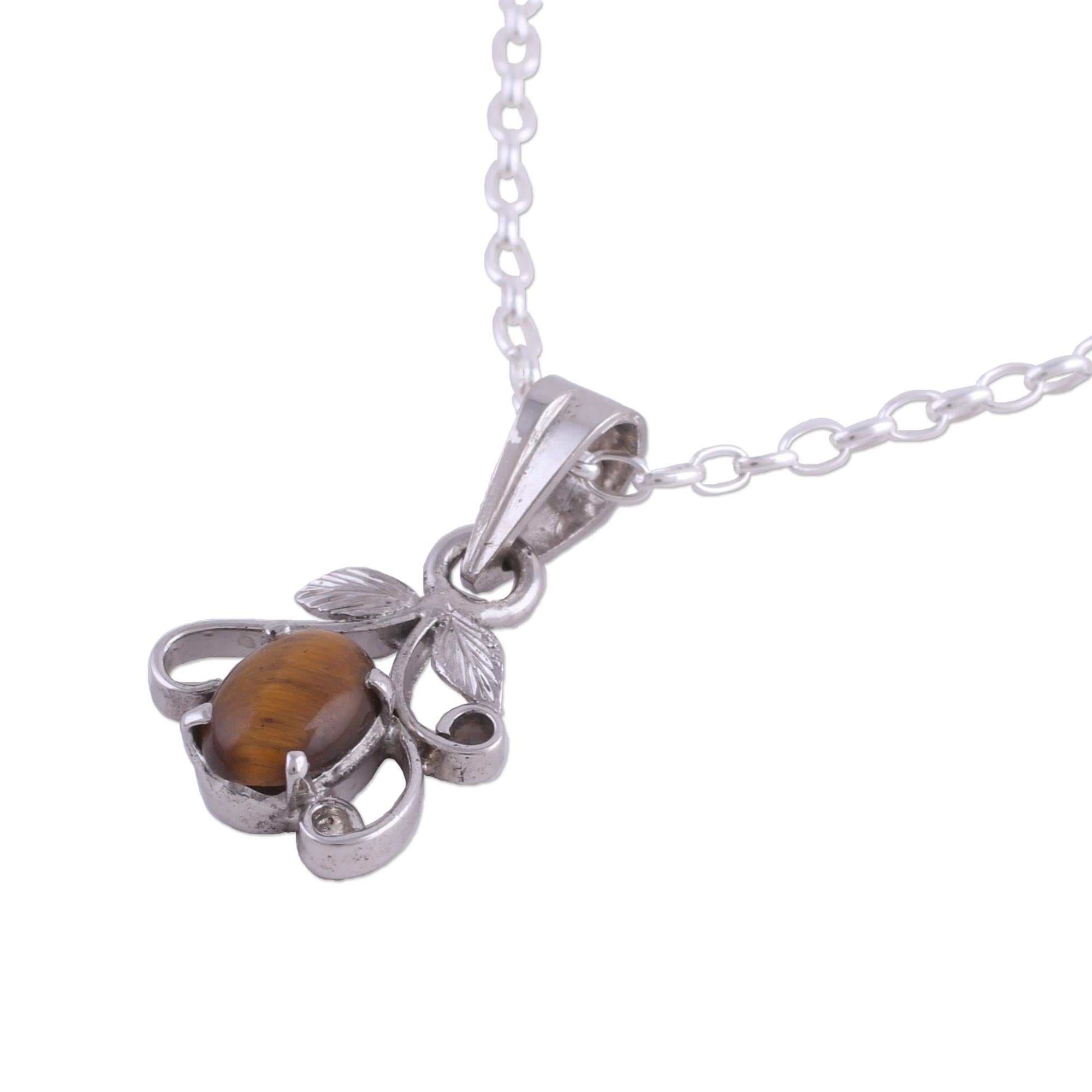 Premium Rhodium-Plated Tiger's Eye Pendant Necklace | Handcrafted Elegance from India