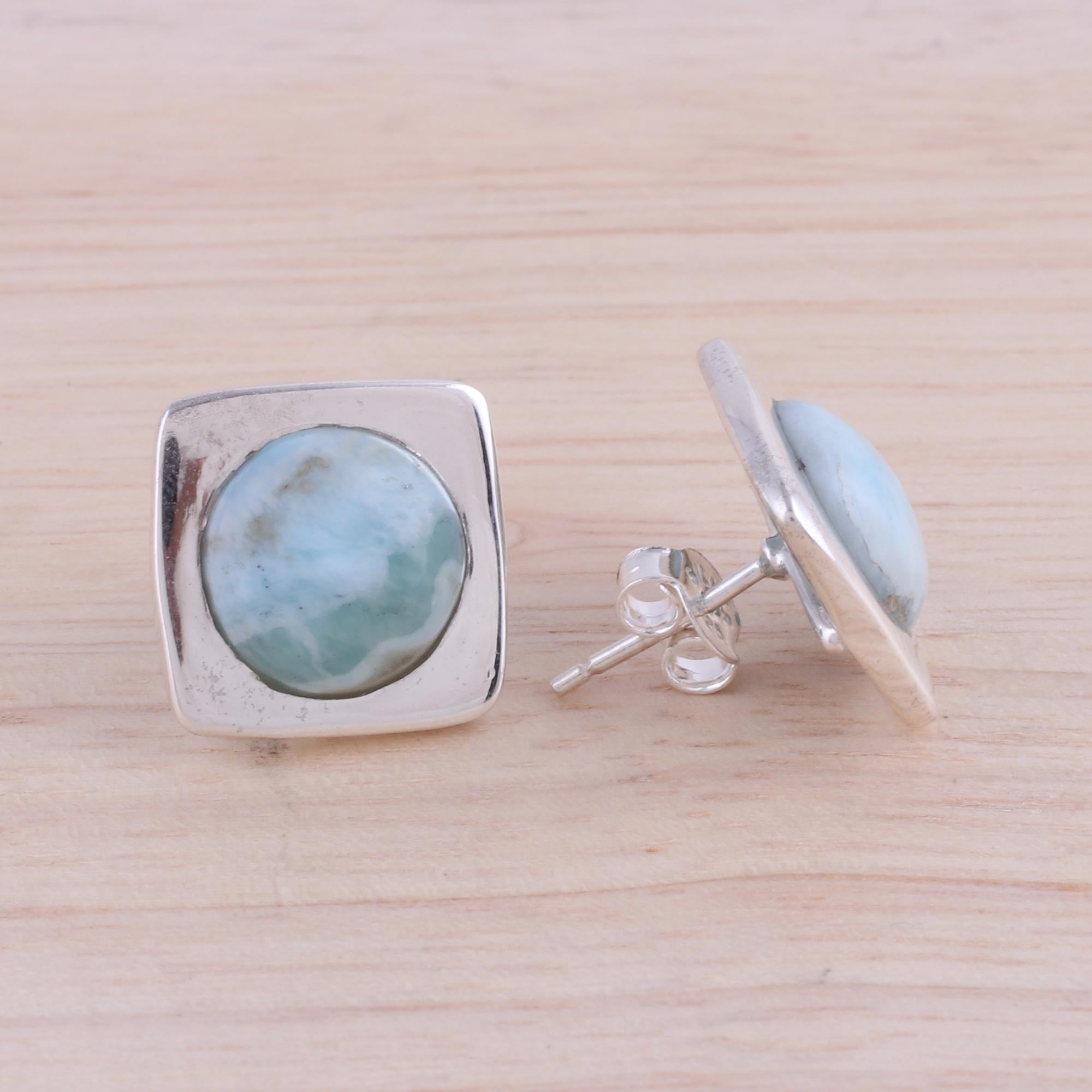 Premium Larimar & Sterling Silver Button Earrings - Caribbean Inspired Elegance