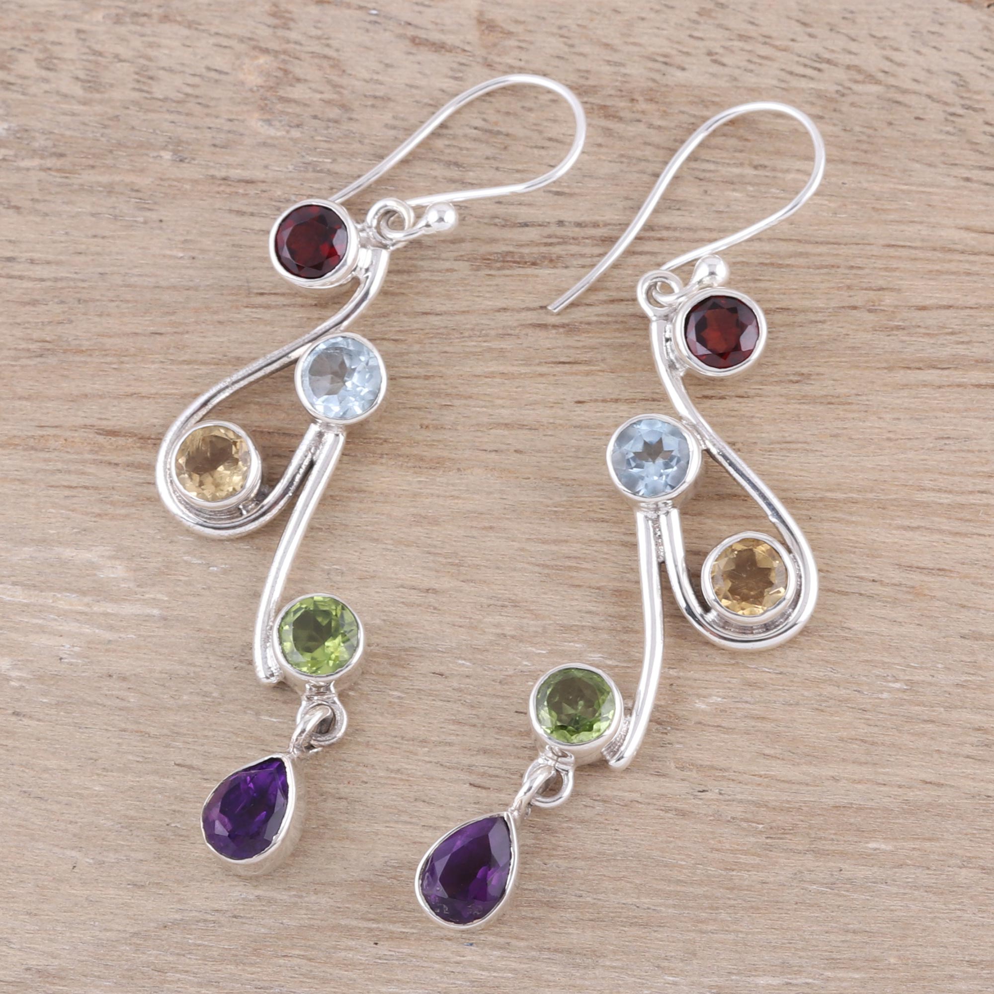 Premium Dancing Rainbow Multi-Gemstone Sterling Silver Dangle Earrings - Upgrade Your Style