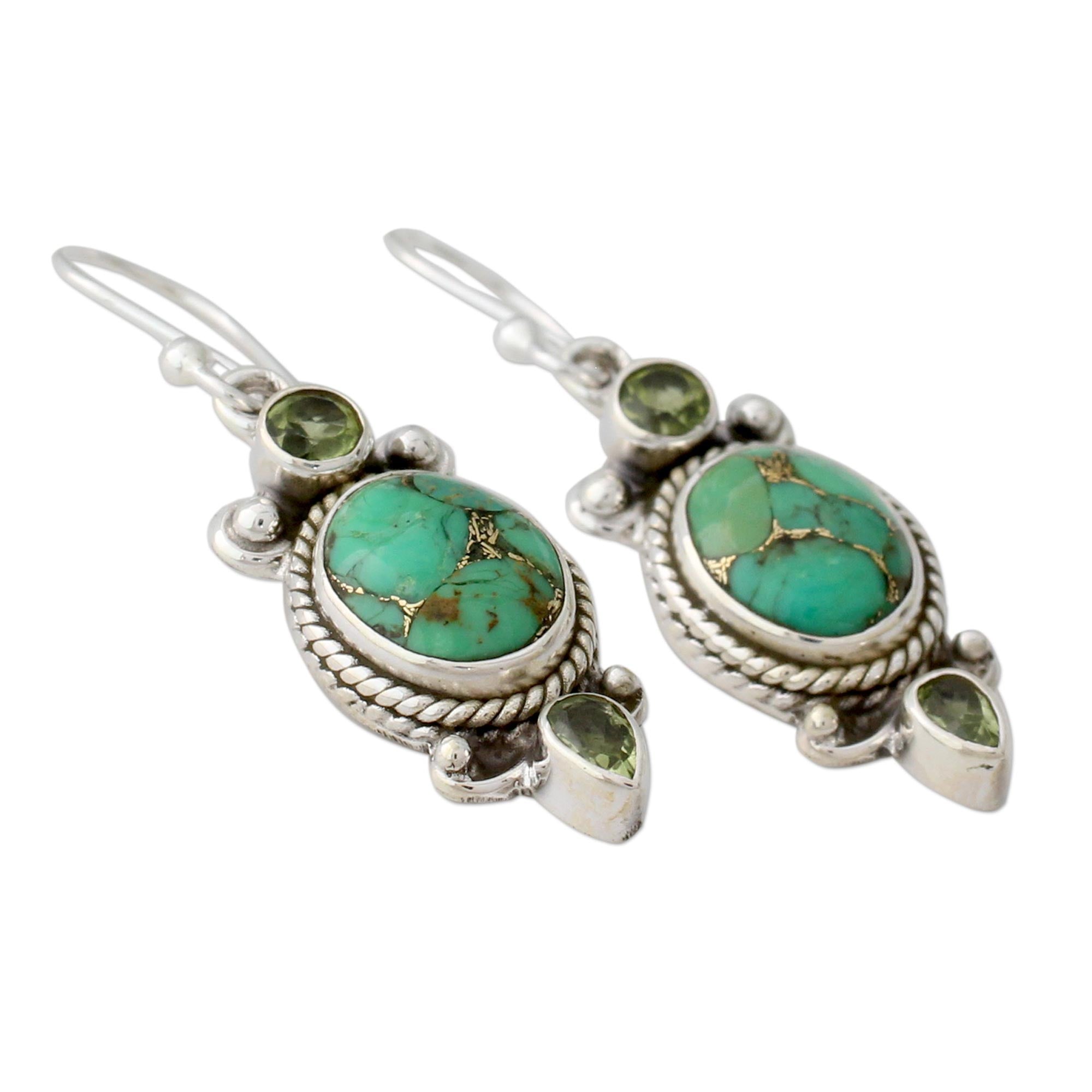 Premium Green Turquoise & Silver Dangle Earrings - Handmade in India