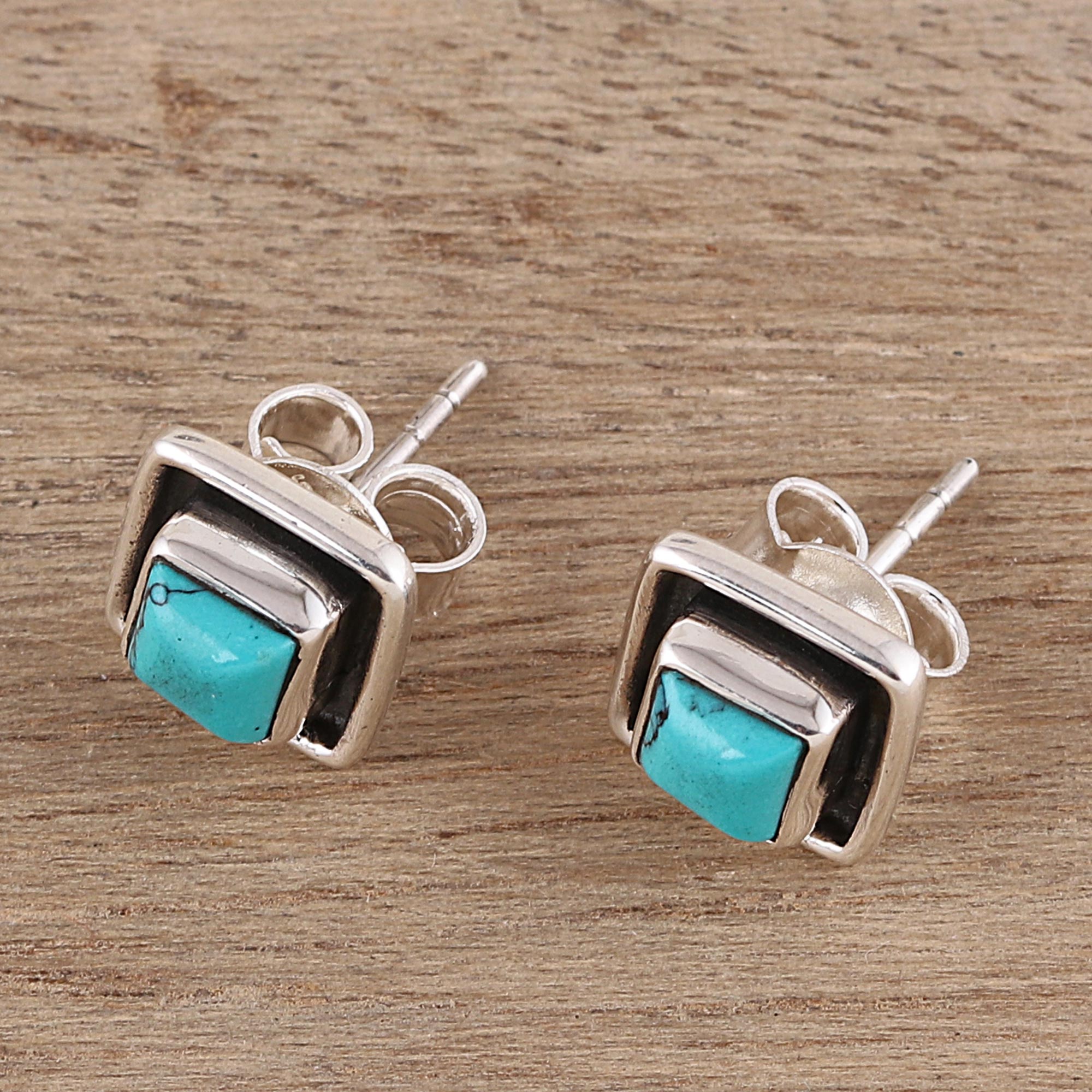 Premium Sky Frame Square Calcite Stud Earrings - Handcrafted in India