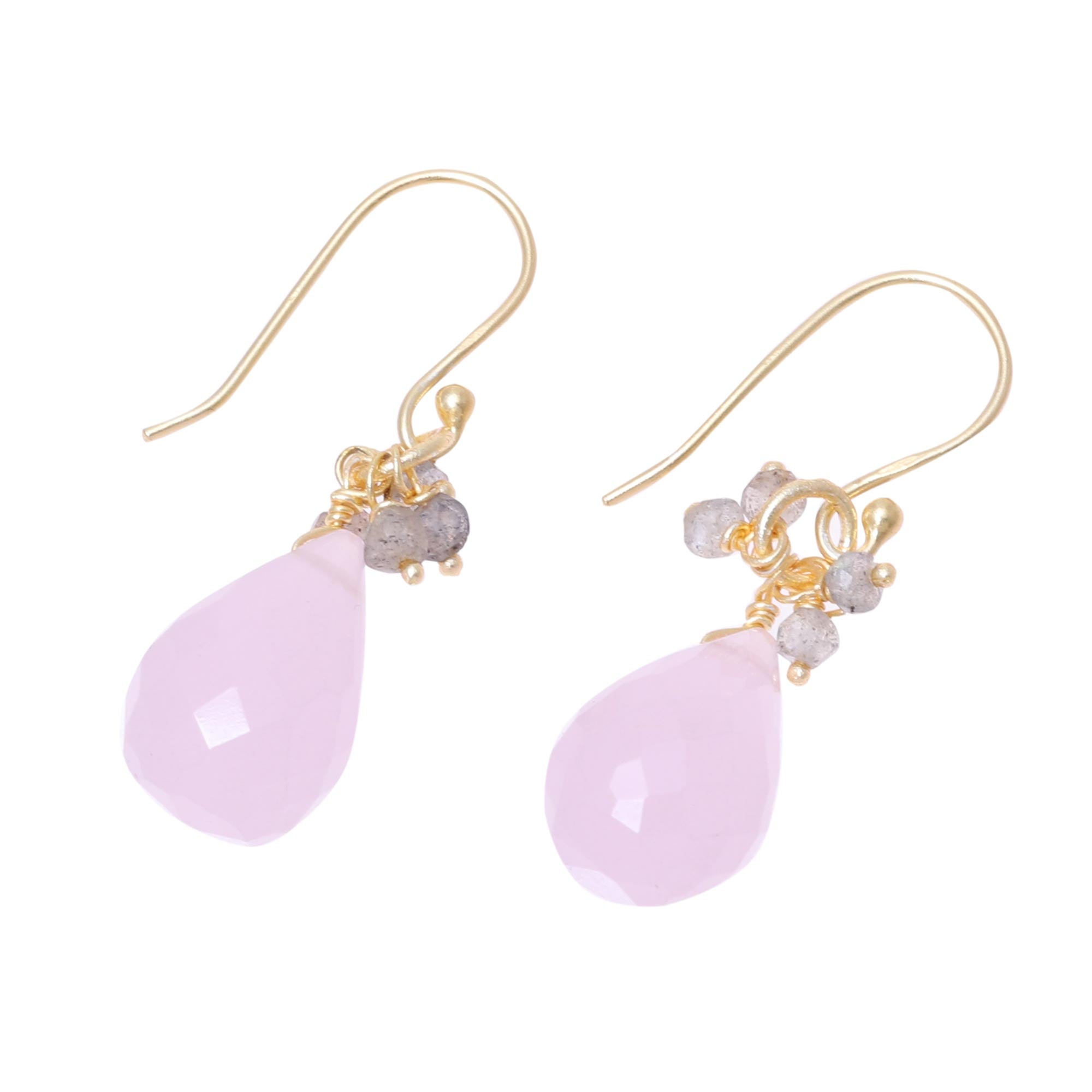 Premium Glittering Pink Drops: 22k Gold Plated Rose Quartz & Labradorite Dangle Earrings