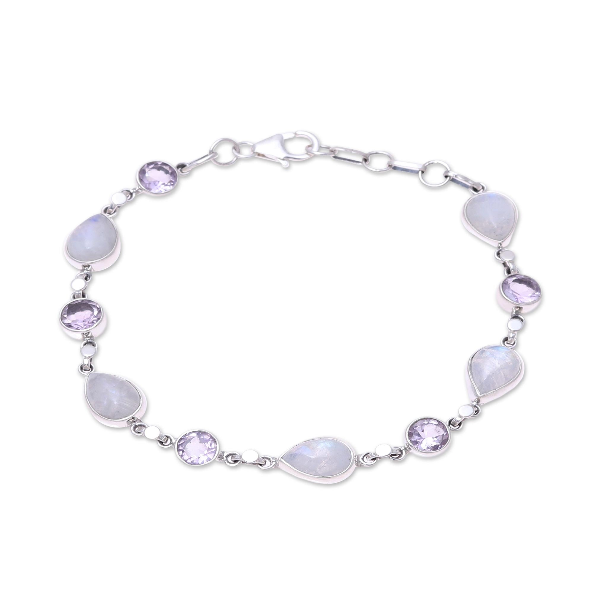 Premium Misty Lilac Handmade Amethyst Rainbow Moonstone Bracelet - Handcrafted in India