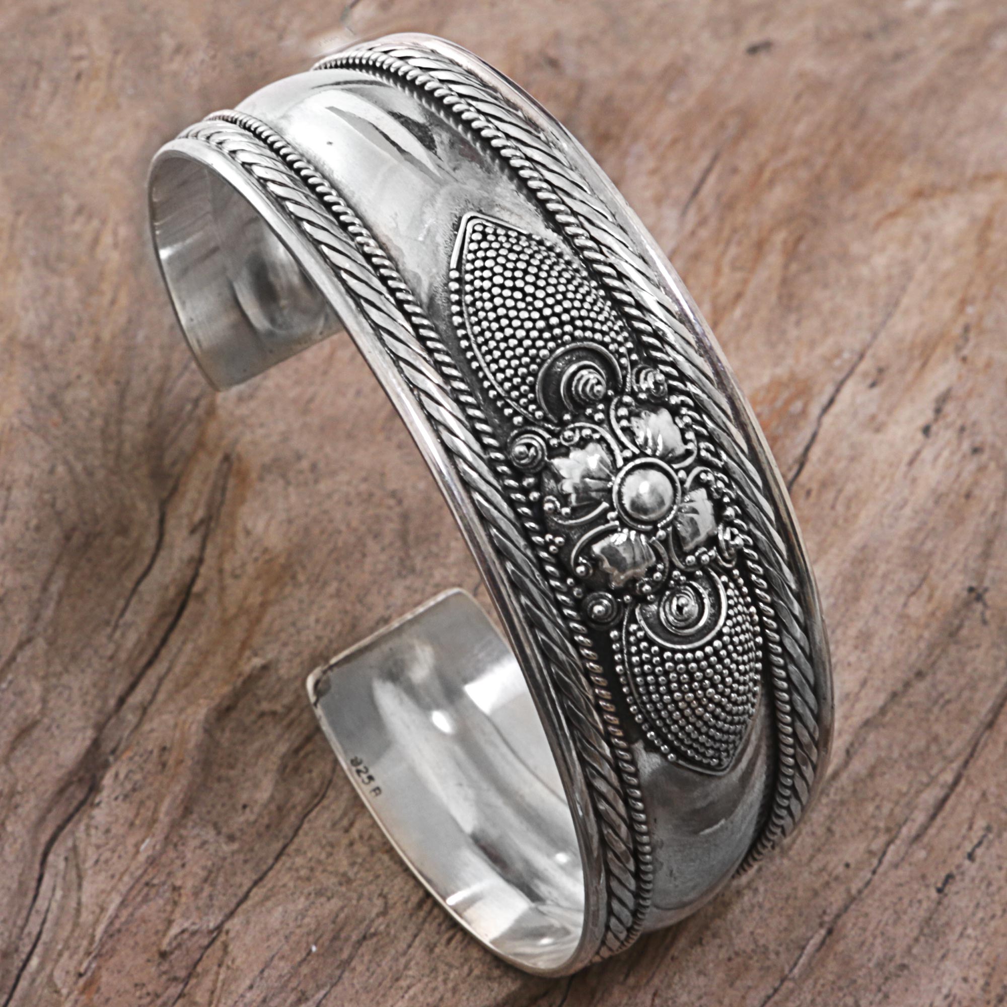 Premium Sterling Silver Flower Cuff Bracelet - Handcrafted in Indonesia