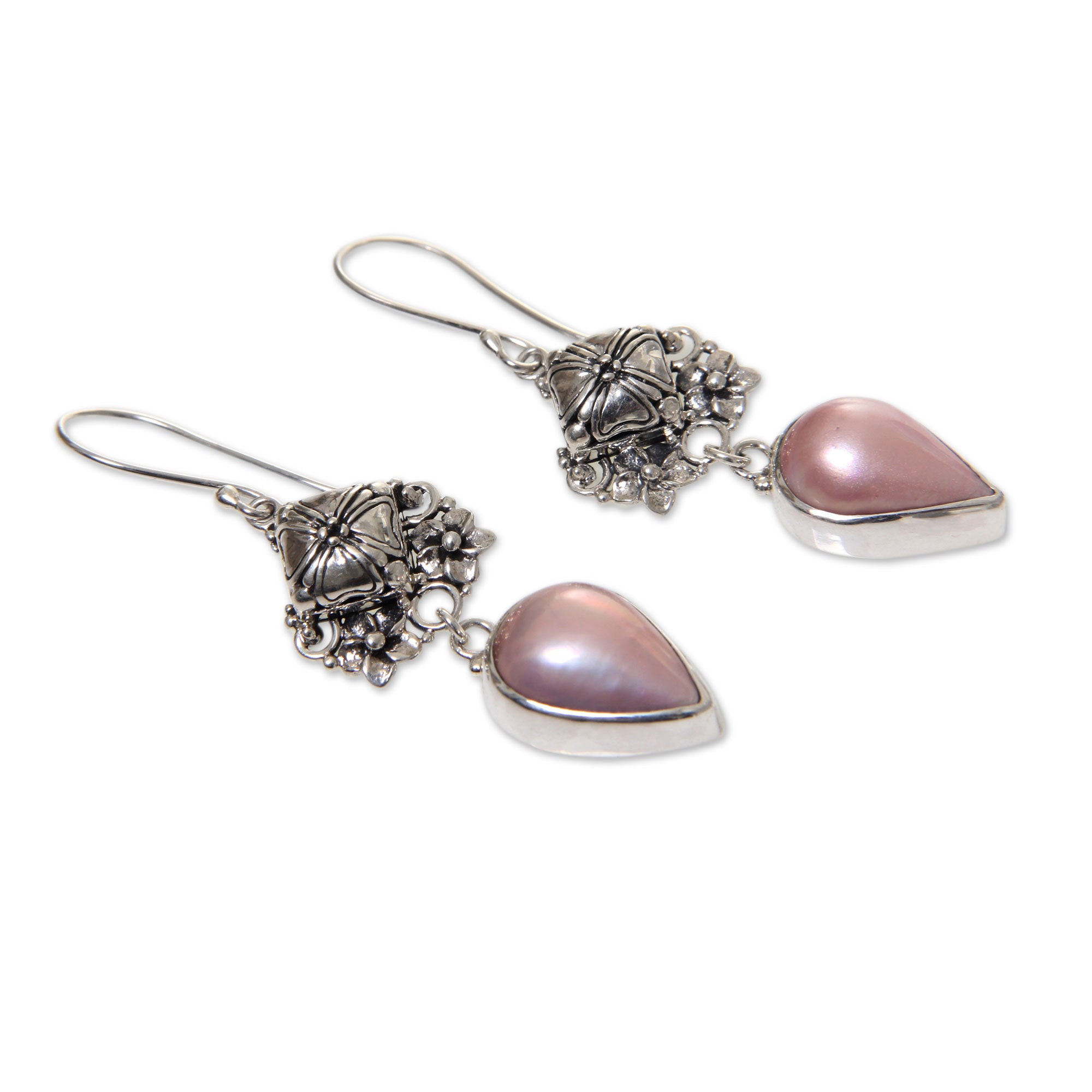 Premium Handmade Pink Mabe Pearl Earrings - Romantic Bali Sterling Silver Design