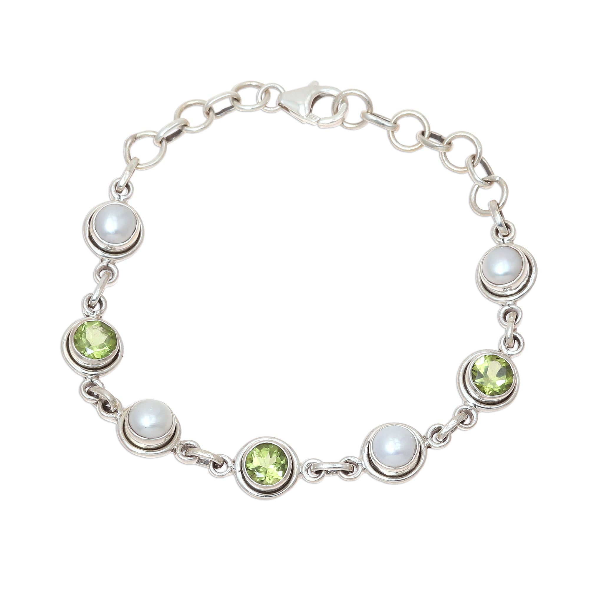 Premium Sterling Silver Peridot & Pearl Bracelet – Handcrafted Elegance from India