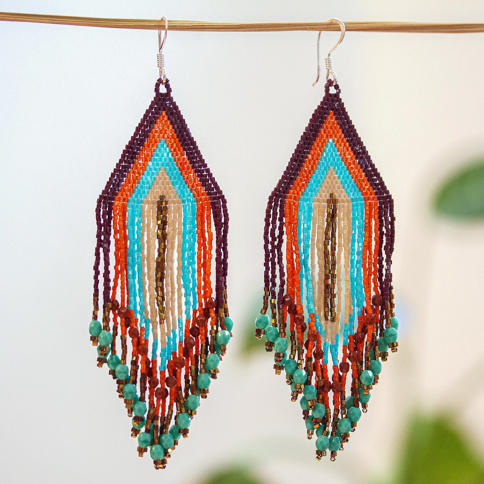 Premium Huichol Beadwork Waterfall Earrings in Peach, Aqua & Tangerine