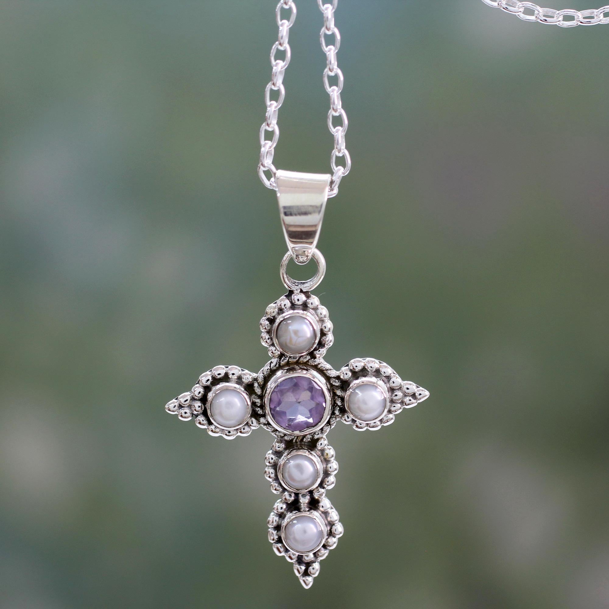 Premium Harmony in White Cultured Pearl & Amethyst Cross Pendant Necklace