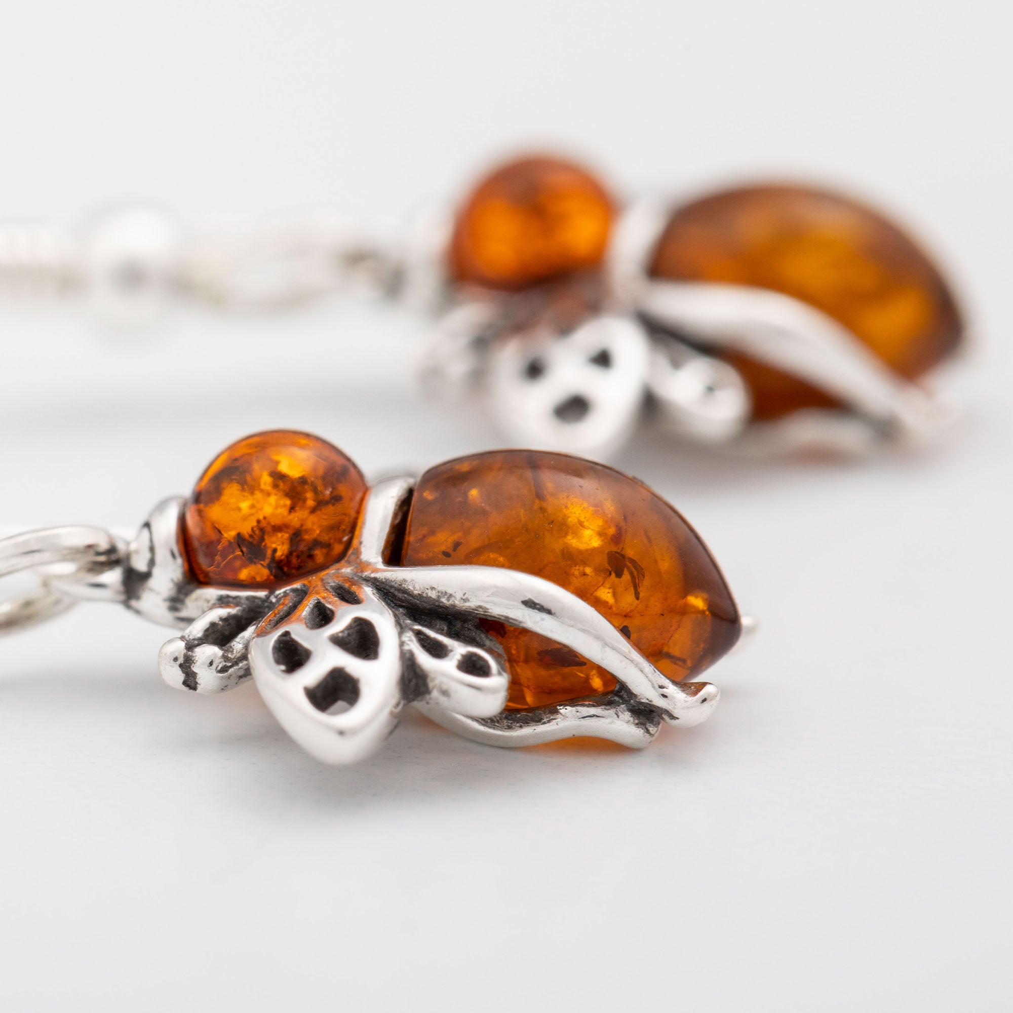 Premium Sterling Silver & Baltic Amber Bee Dangle Earrings