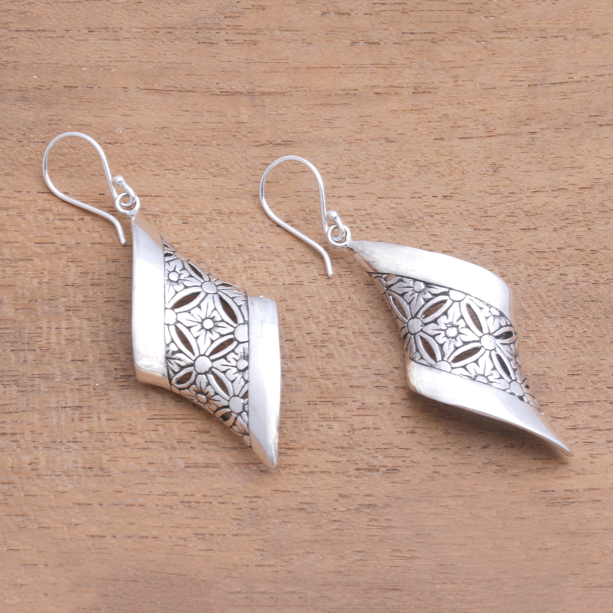 Premium Curved Floral Sterling Silver Dangle Earrings - Artisan Crafted in Bali