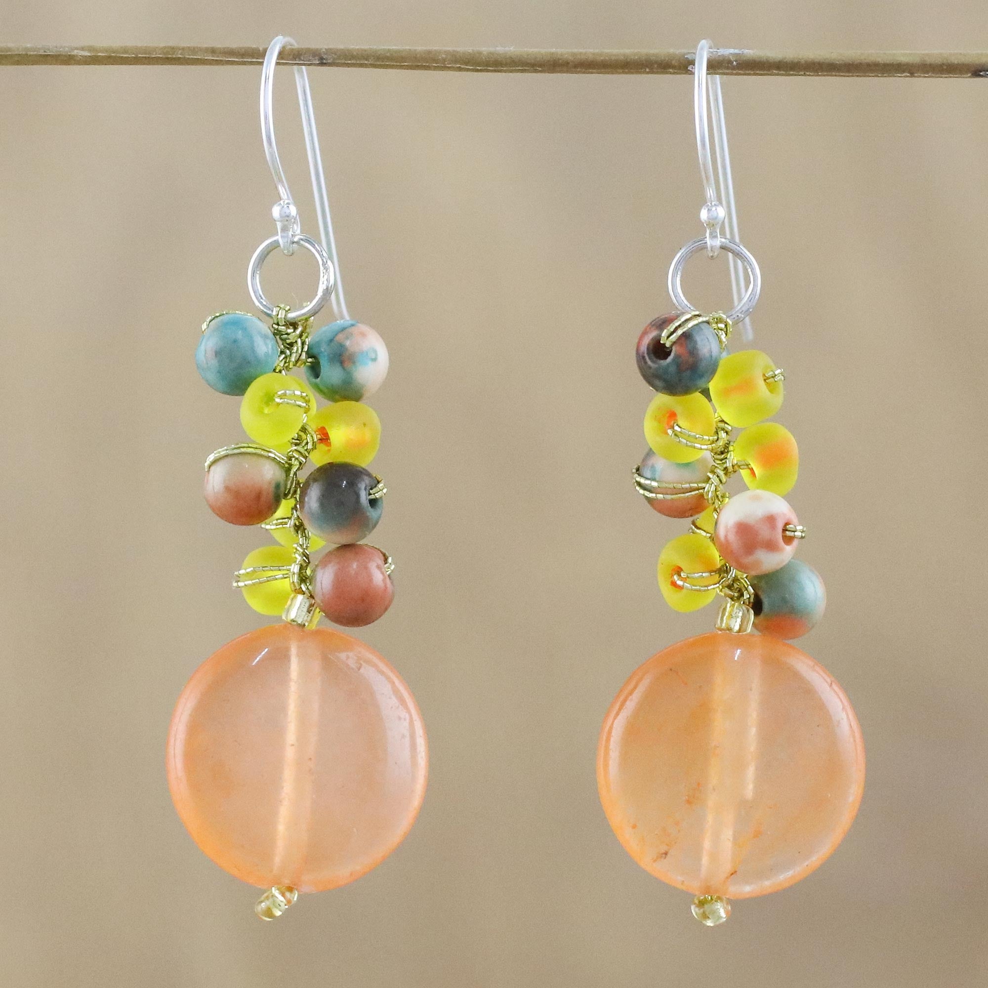 Premium Orange Quartz Dangle Earrings with Glass Beads – Handcrafted in Thailand