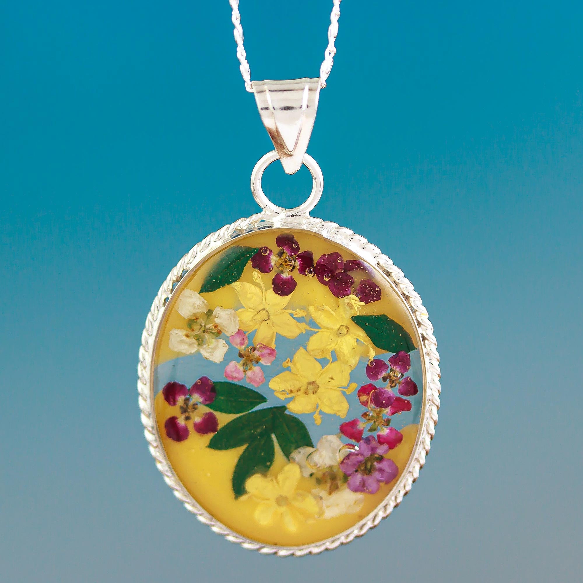 Premium Eternal Blossom Sterling Silver Necklace with Yellow Dried Flower Pendant