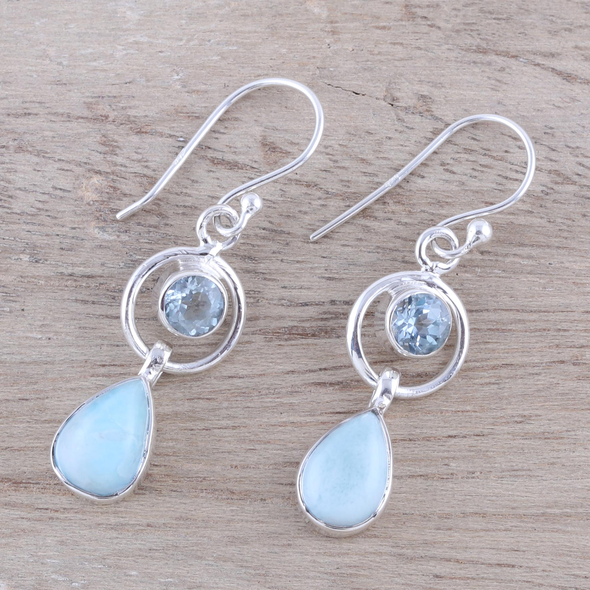 Premium Larimar and Blue Topaz Dangle Earrings - Handcrafted Sterling Silver Jewelry