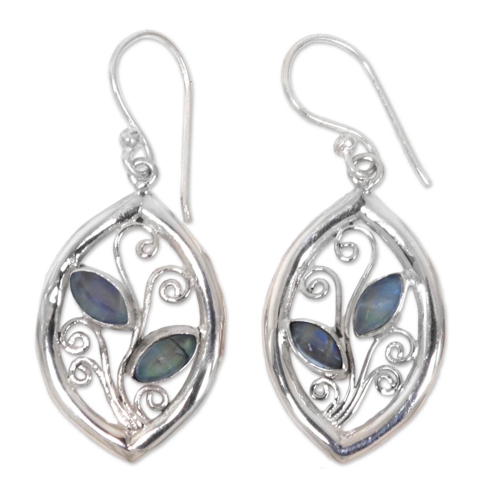 Premium Paradise Leaves 925 Sterling Silver Earrings with Rainbow Moonstone – Ultimate Nature-Inspired Elegance