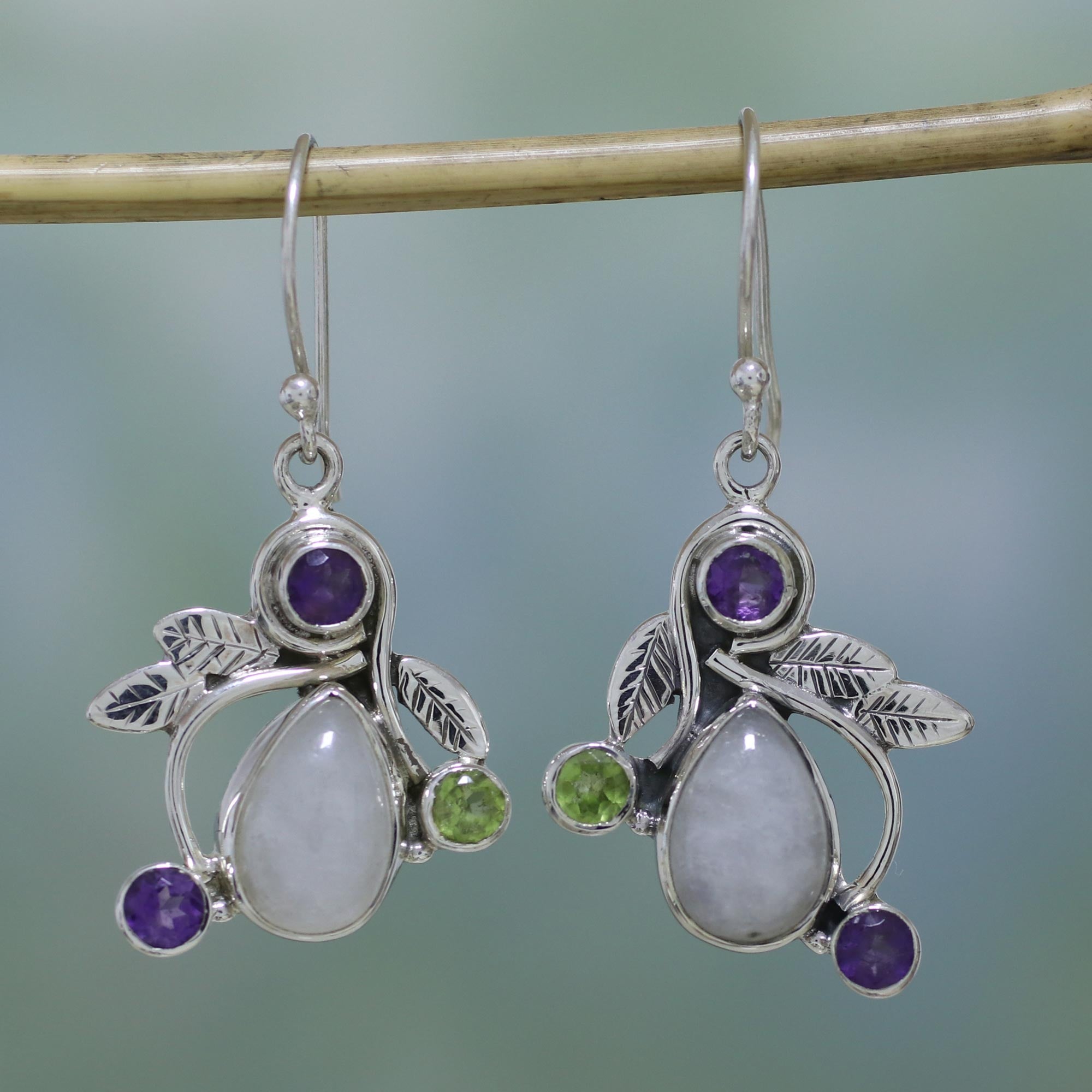 Premium Luminous Beauty Rainbow Moonstone Earrings with Amethyst and Peridot – Handcrafted Sterling Silver Jewelry