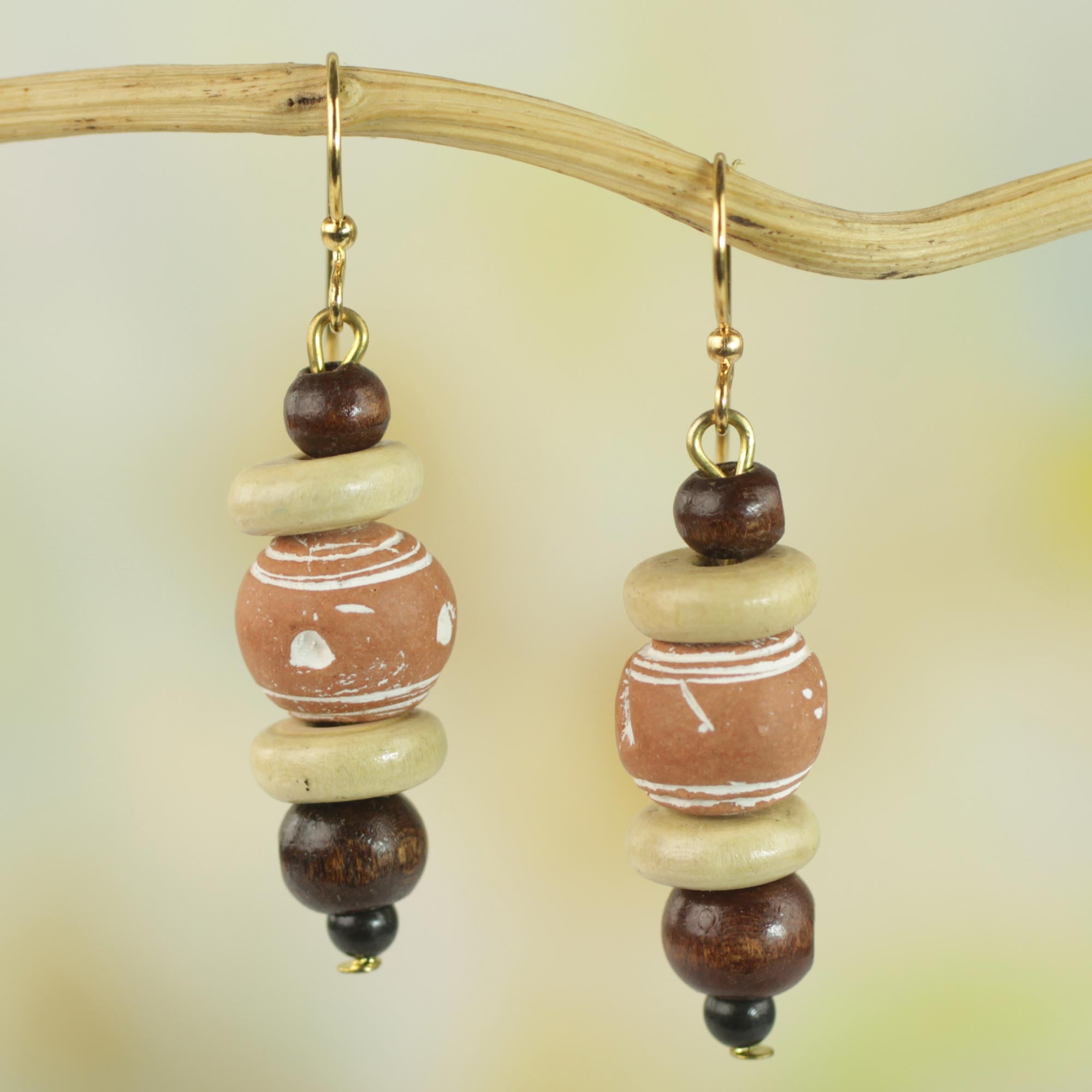 Premium Handcrafted Sese Wood & Ceramic Dangle Earrings from Ghana